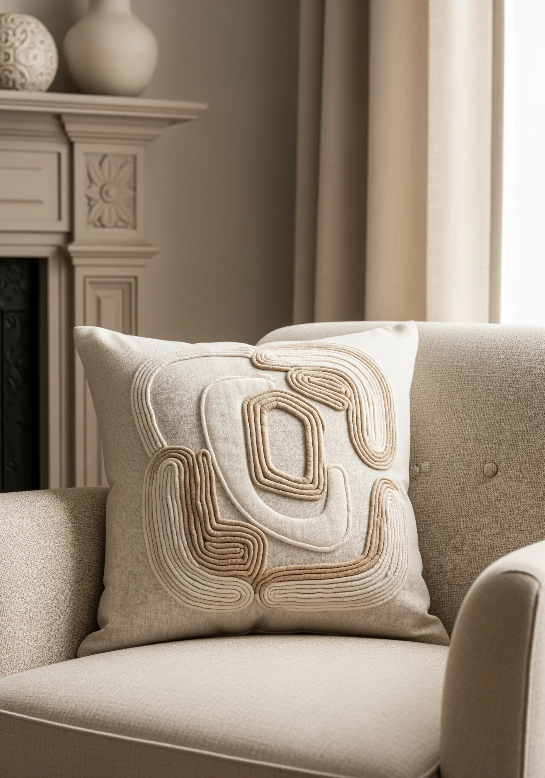 Abstract topographic design on a pillow using layers of couched neutral-toned threads.