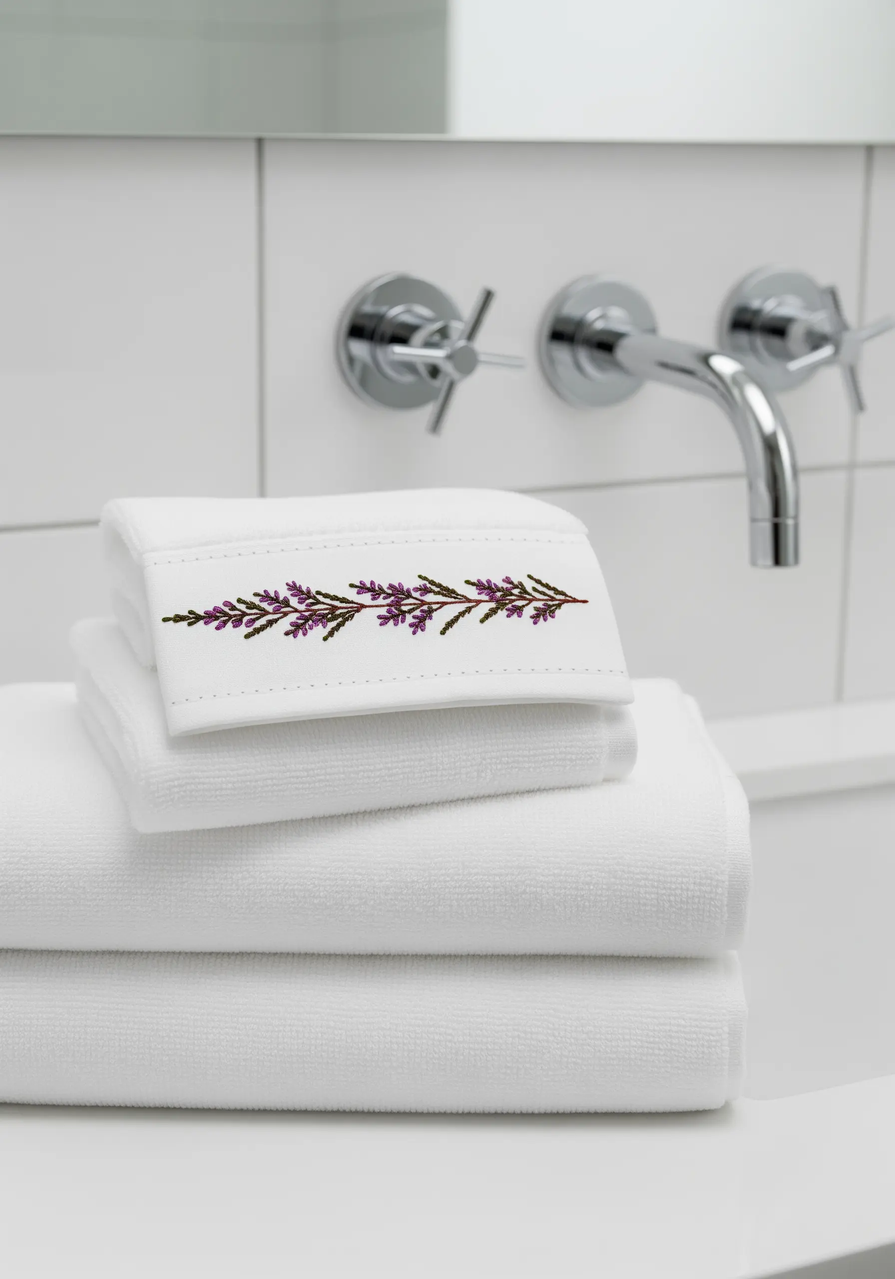 A delicate sprig of heather embroidered onto the band of a folded white towel.