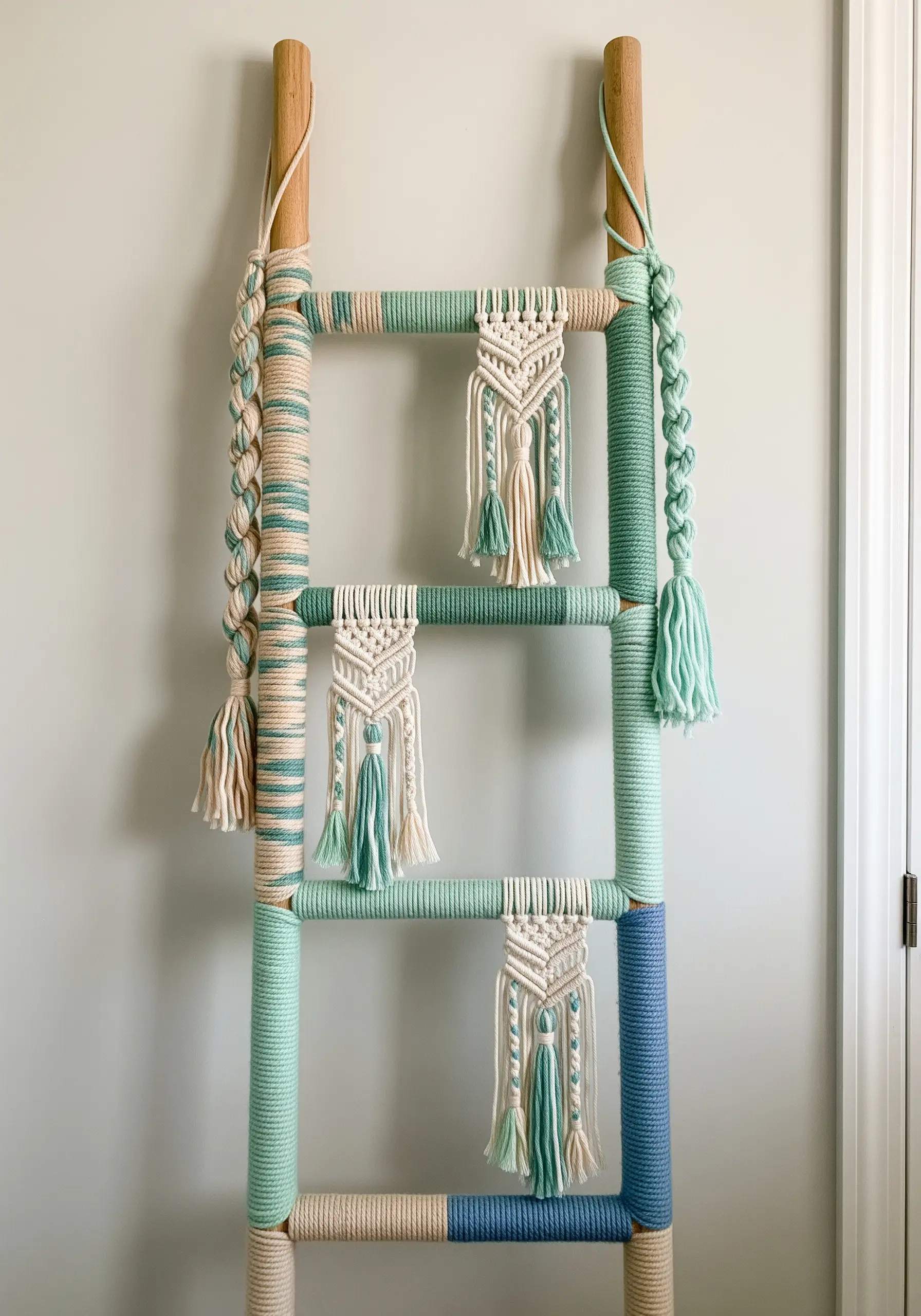 A wooden ladder decoratively wrapped in teal and cream yarn, with braided sections and small macrame details.