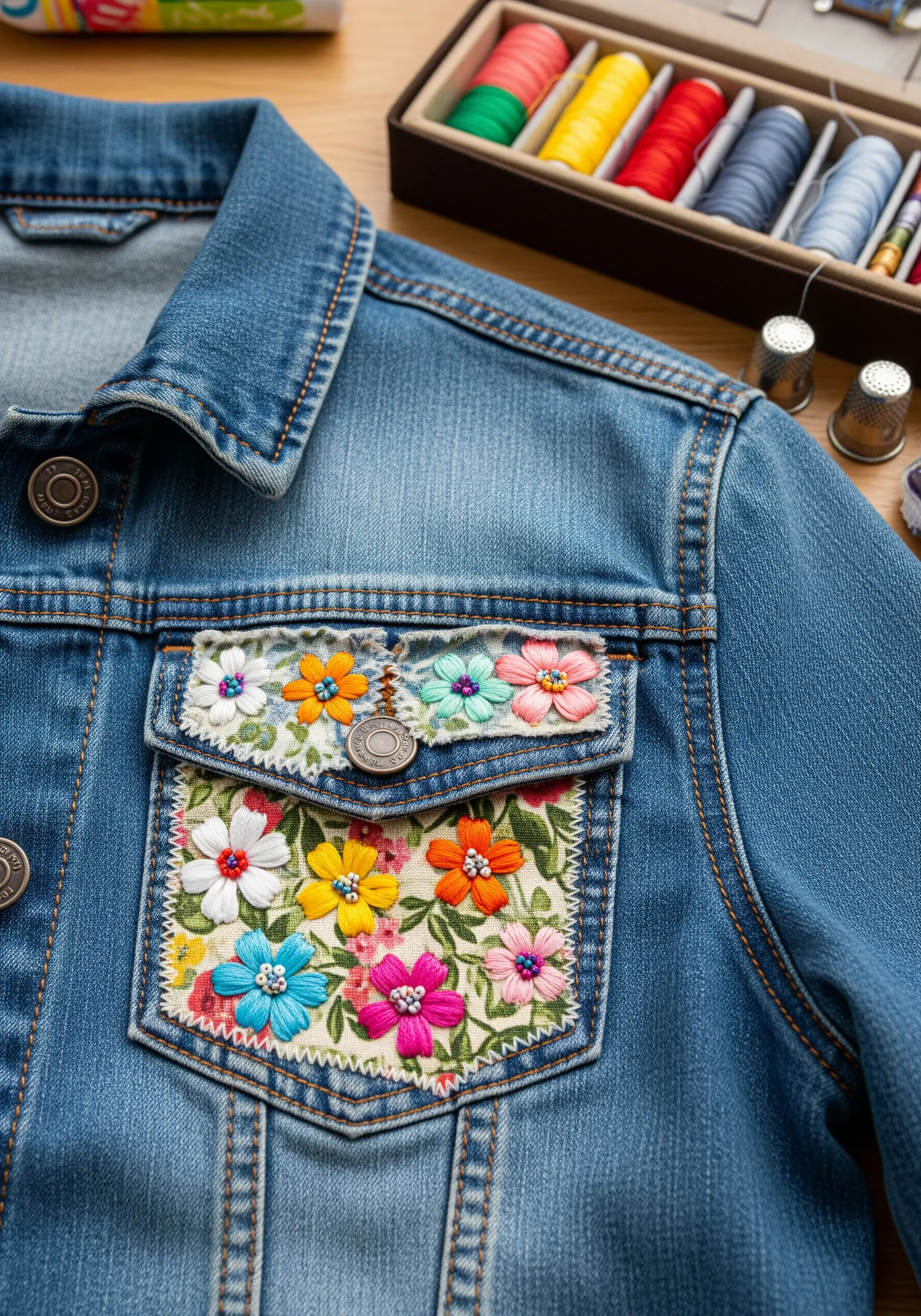 A denim jacket pocket covered with a floral fabric patch and colorful embroidered flowers.