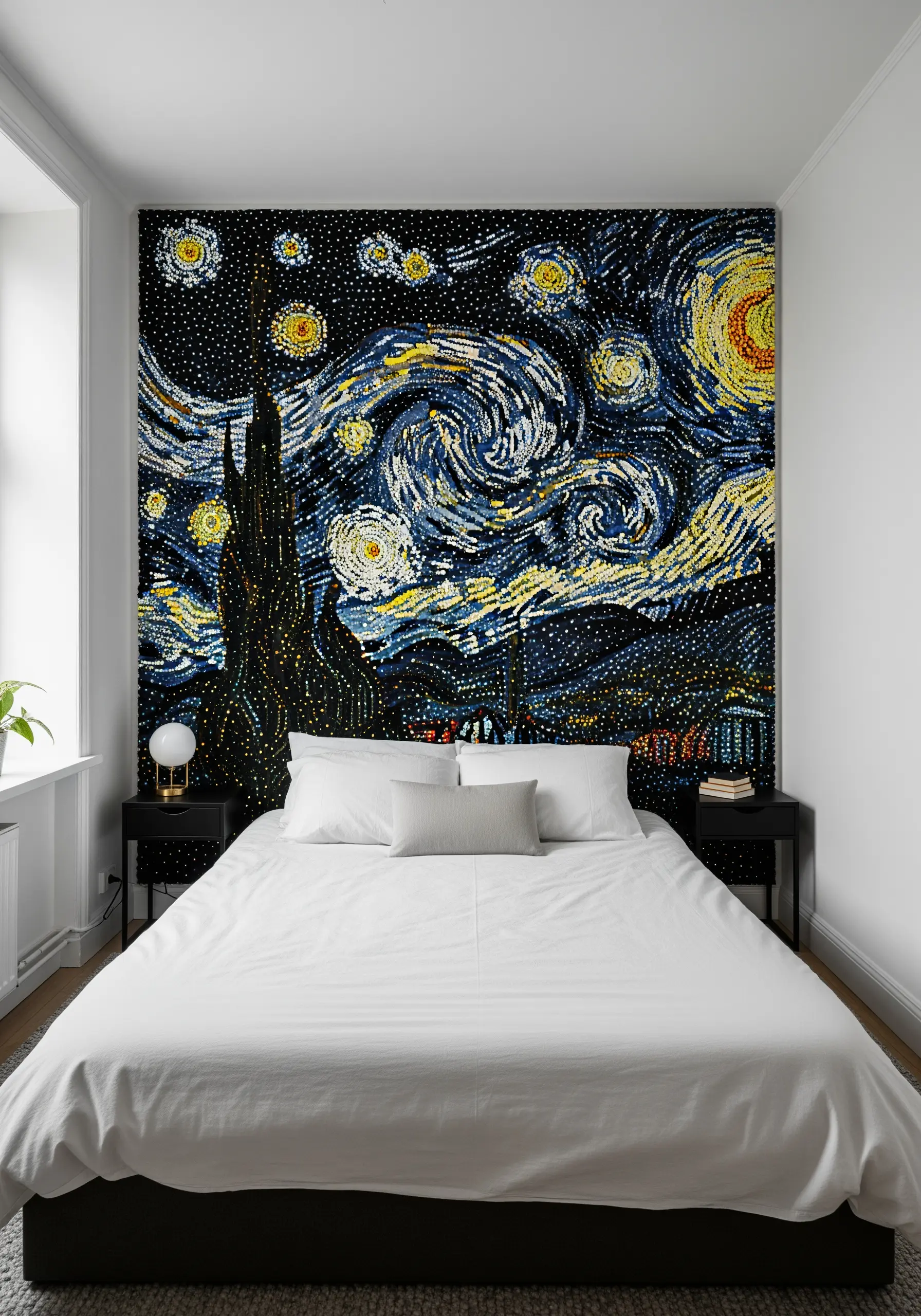 A large, intricate embroidery re-creation of Van Gogh's The Starry Night on a bedroom wall.