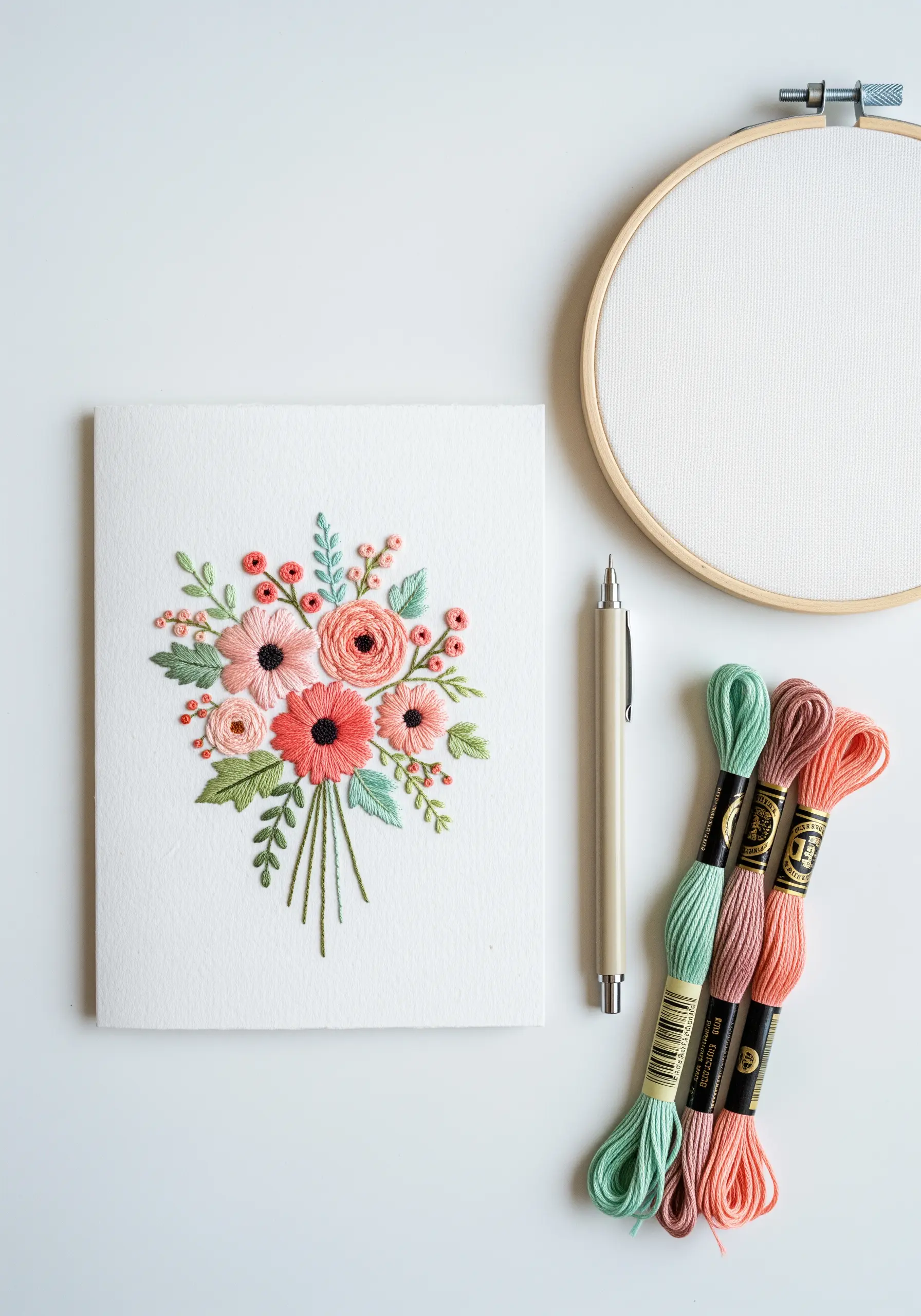 A vibrant floral bouquet with pink and coral flowers embroidered directly onto white cardstock