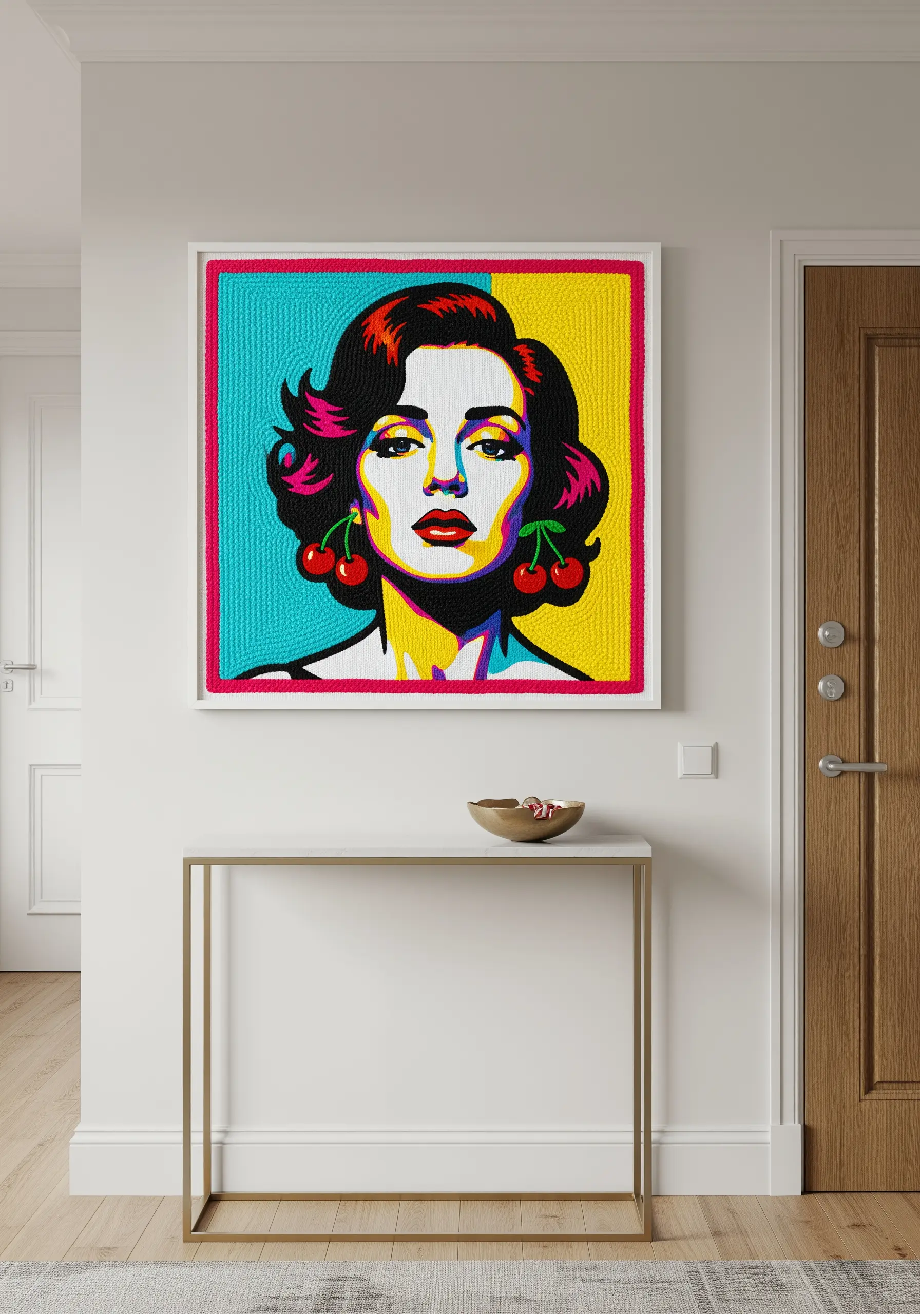A vibrant, pop-art style embroidered portrait of a woman with cherry earrings.