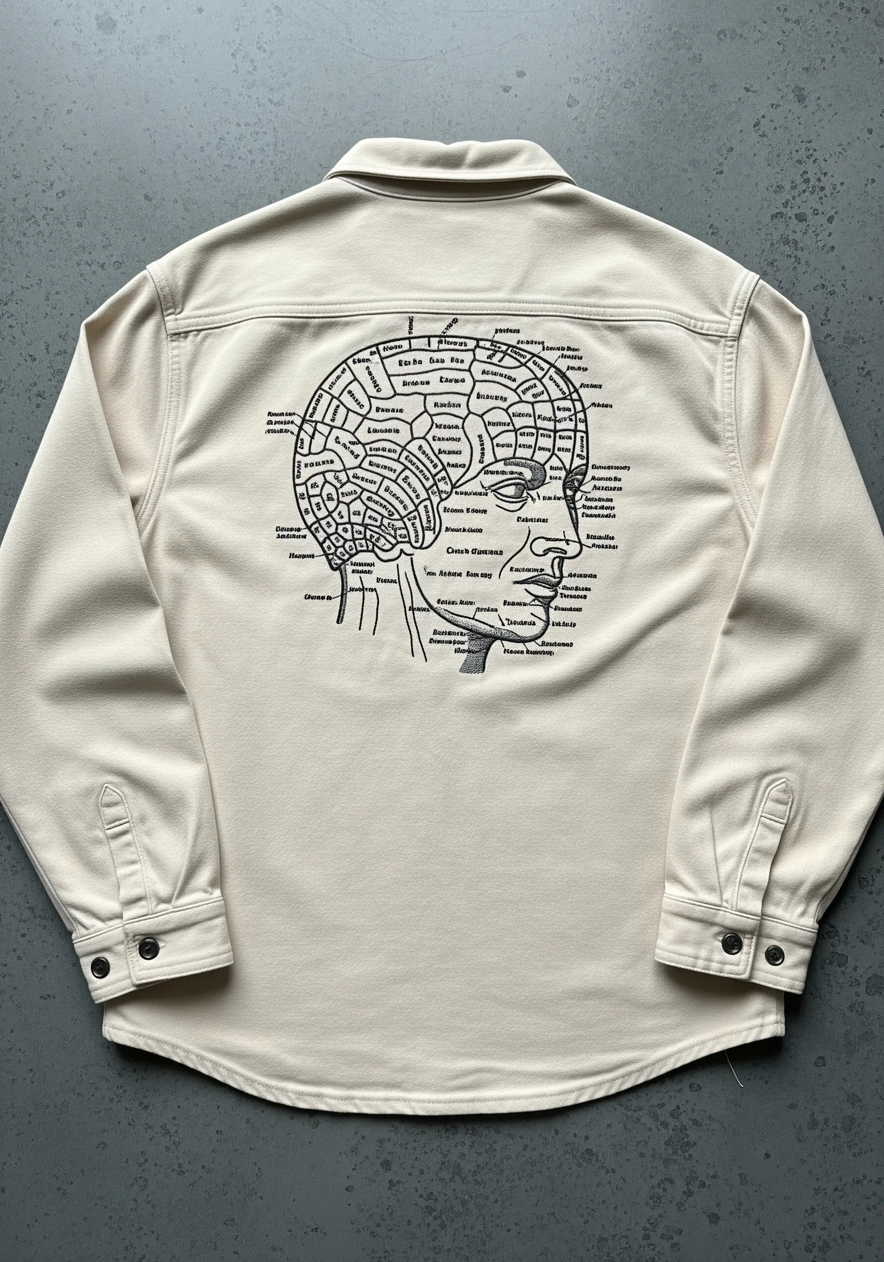 A vintage phrenology diagram of a human head embroidered in black thread on the back of a cream jacket.
