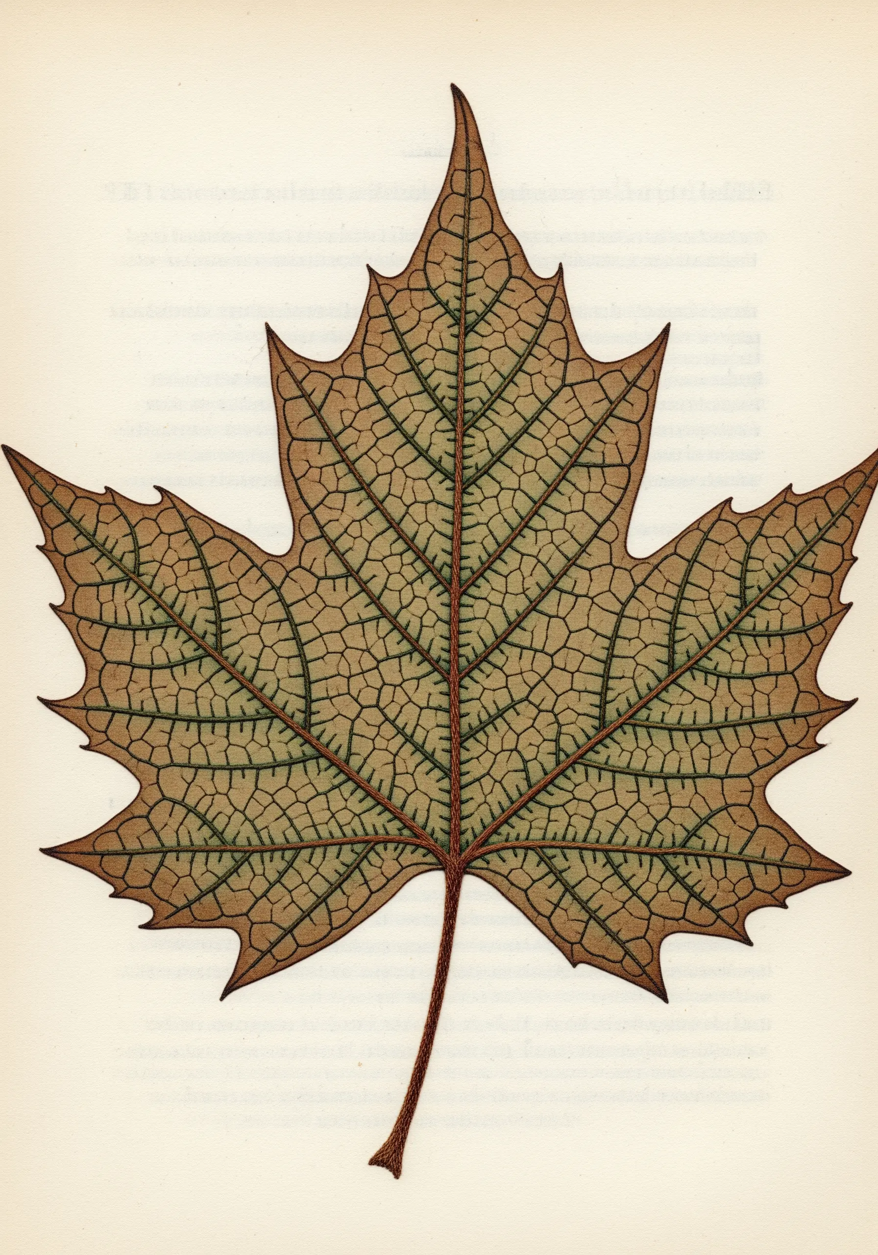 A vintage botanical illustration of a sycamore leaf with a detailed vein network.
