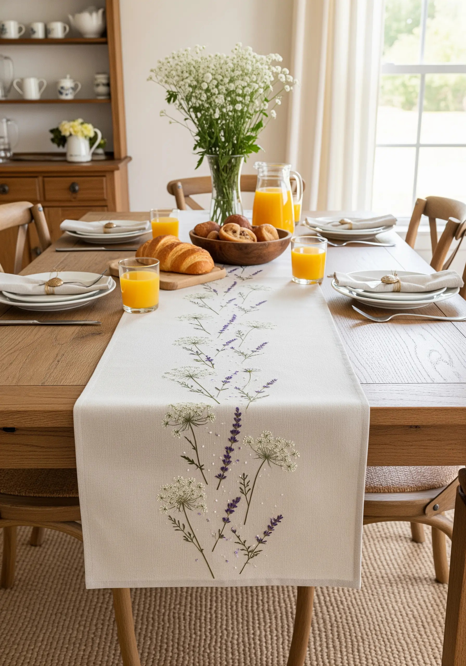 An embroidered table runner with lavender and Queen Anne's lace designs in a delicate style.