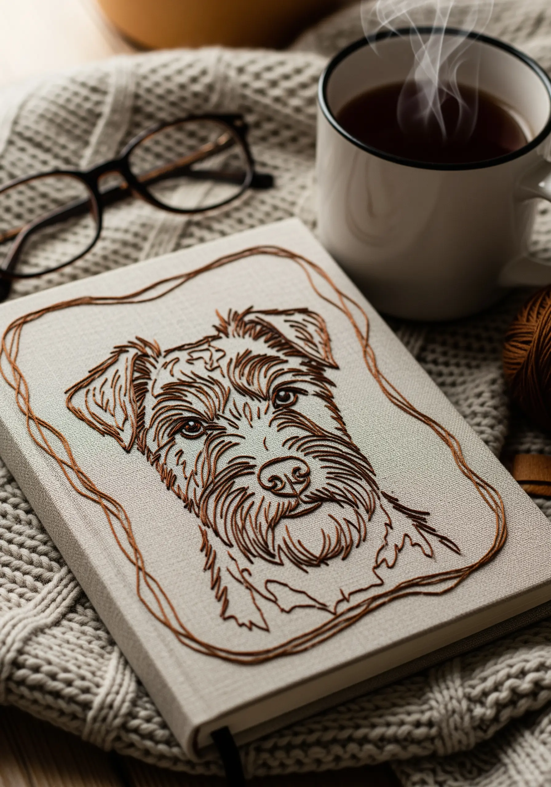 Embroidered terrier portrait on a notebook cover using brown thread for texture.