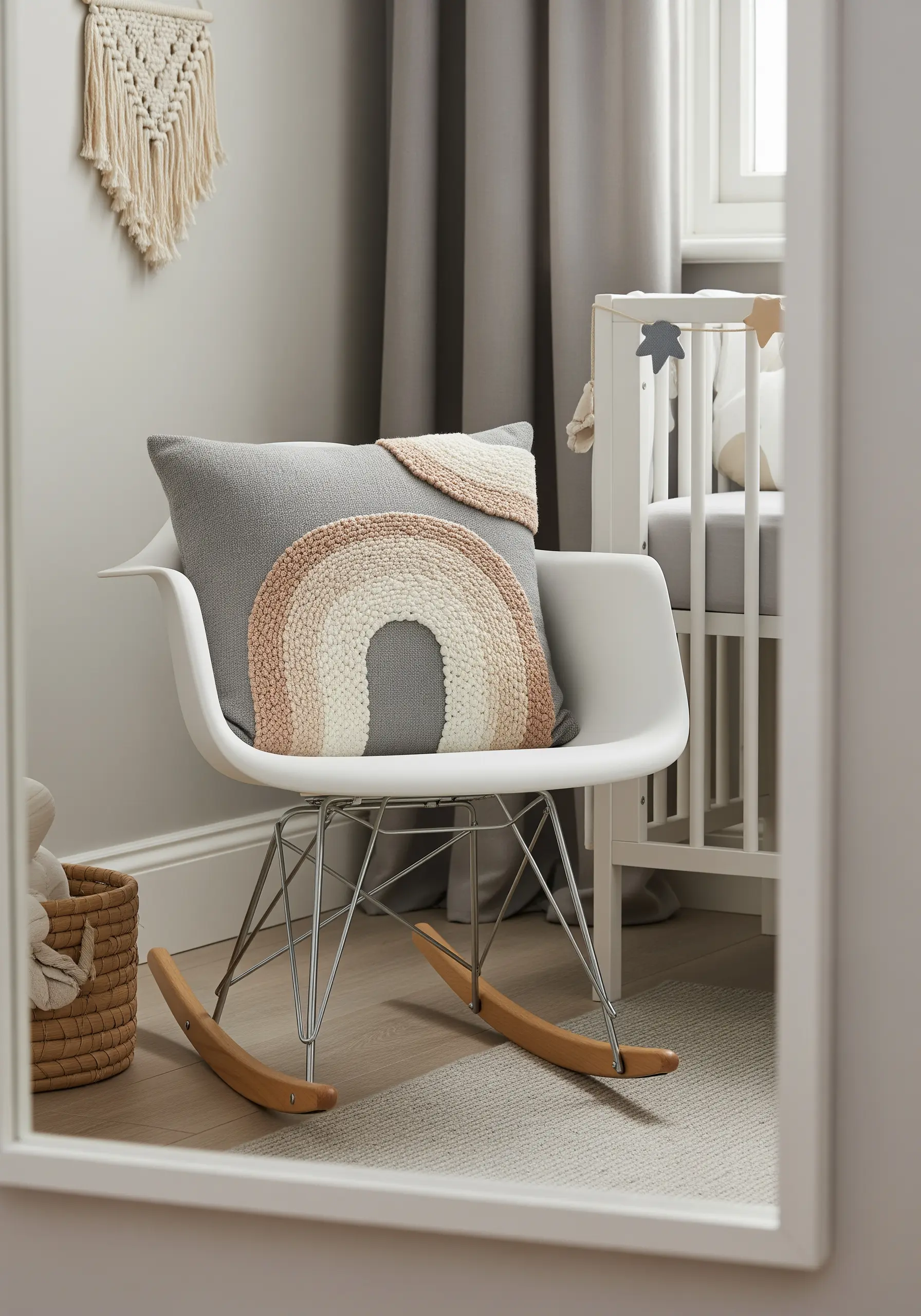 A punch needle rainbow in soft neutral tones of pink, beige and cream on a grey pillow.