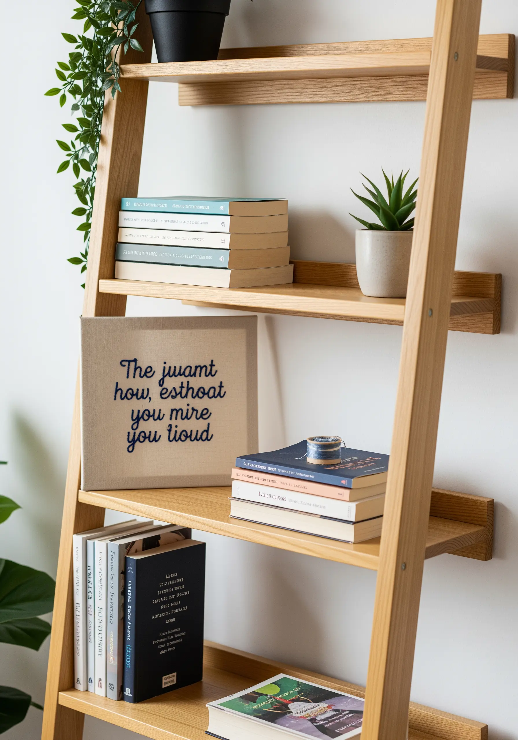 An embroidered quote in a simple serif font, framed and displayed on a bookshelf.