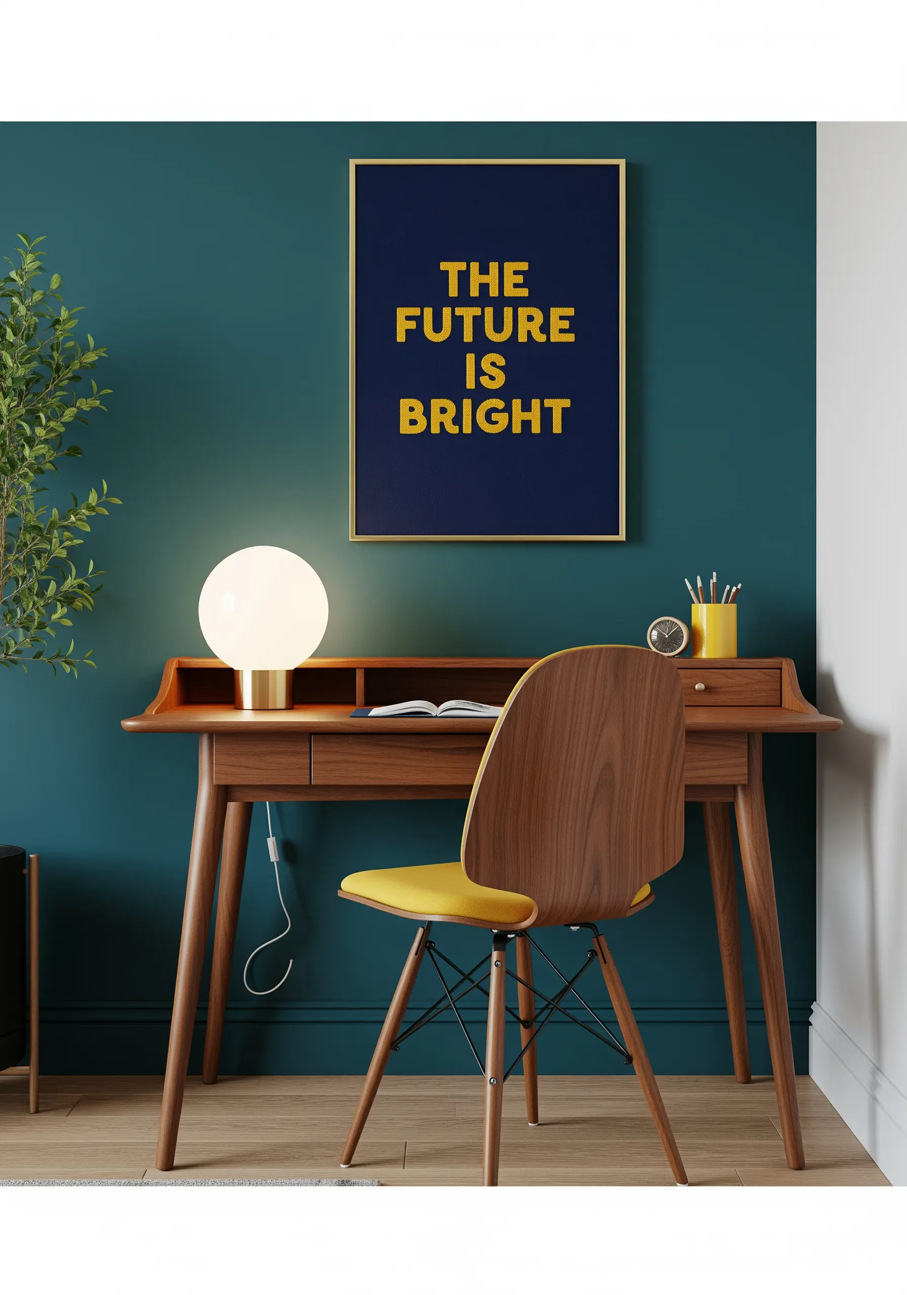 A framed piece with 'THE FUTURE IS BRIGHT' in bold yellow letters on a navy background.