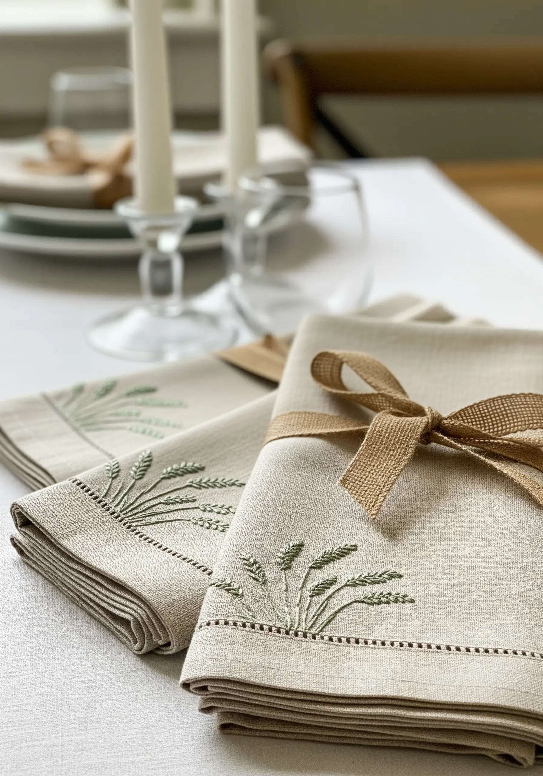 Linen napkins with subtle, elegant embroidery of wheat sheaves in a tone-on-tone style.