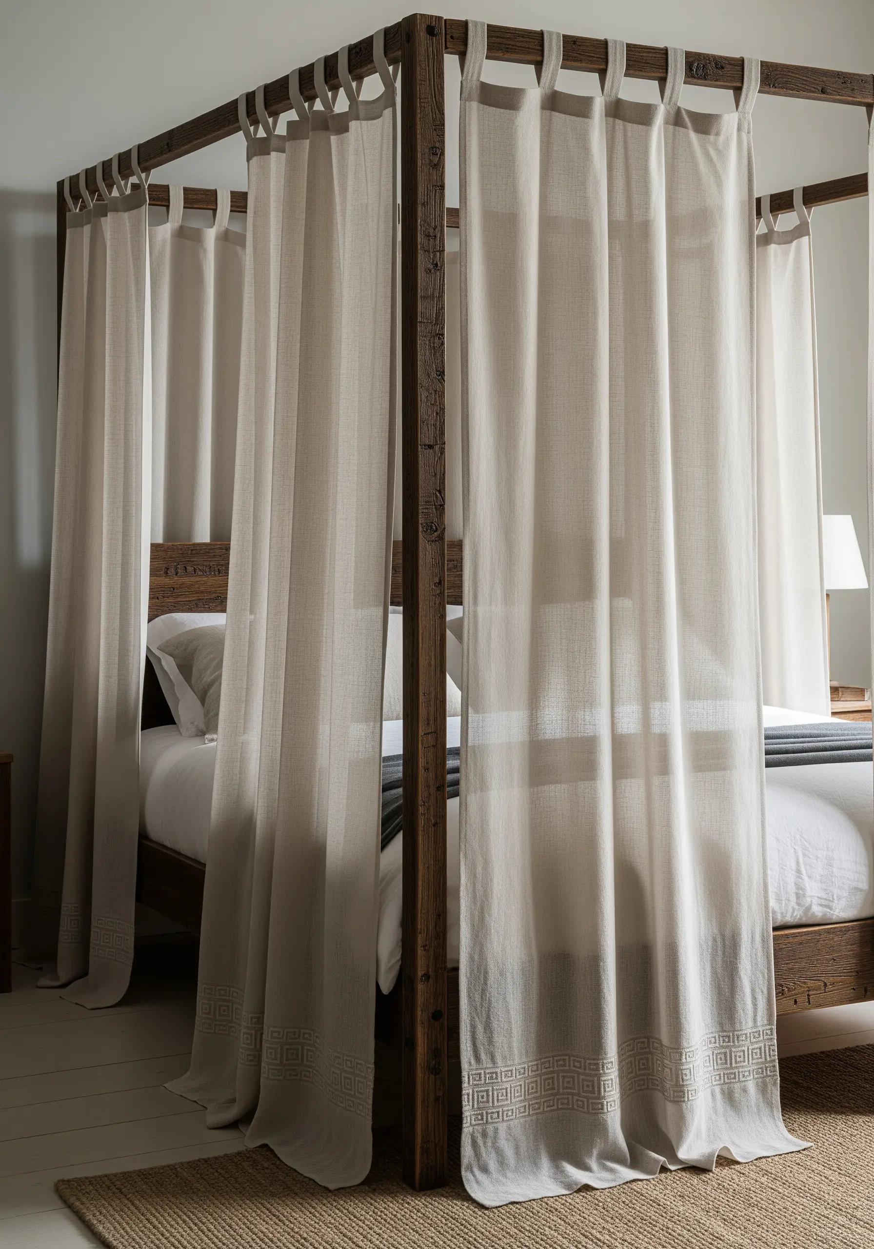 A subtle geometric Greek key border embroidered at the bottom of linen curtains.