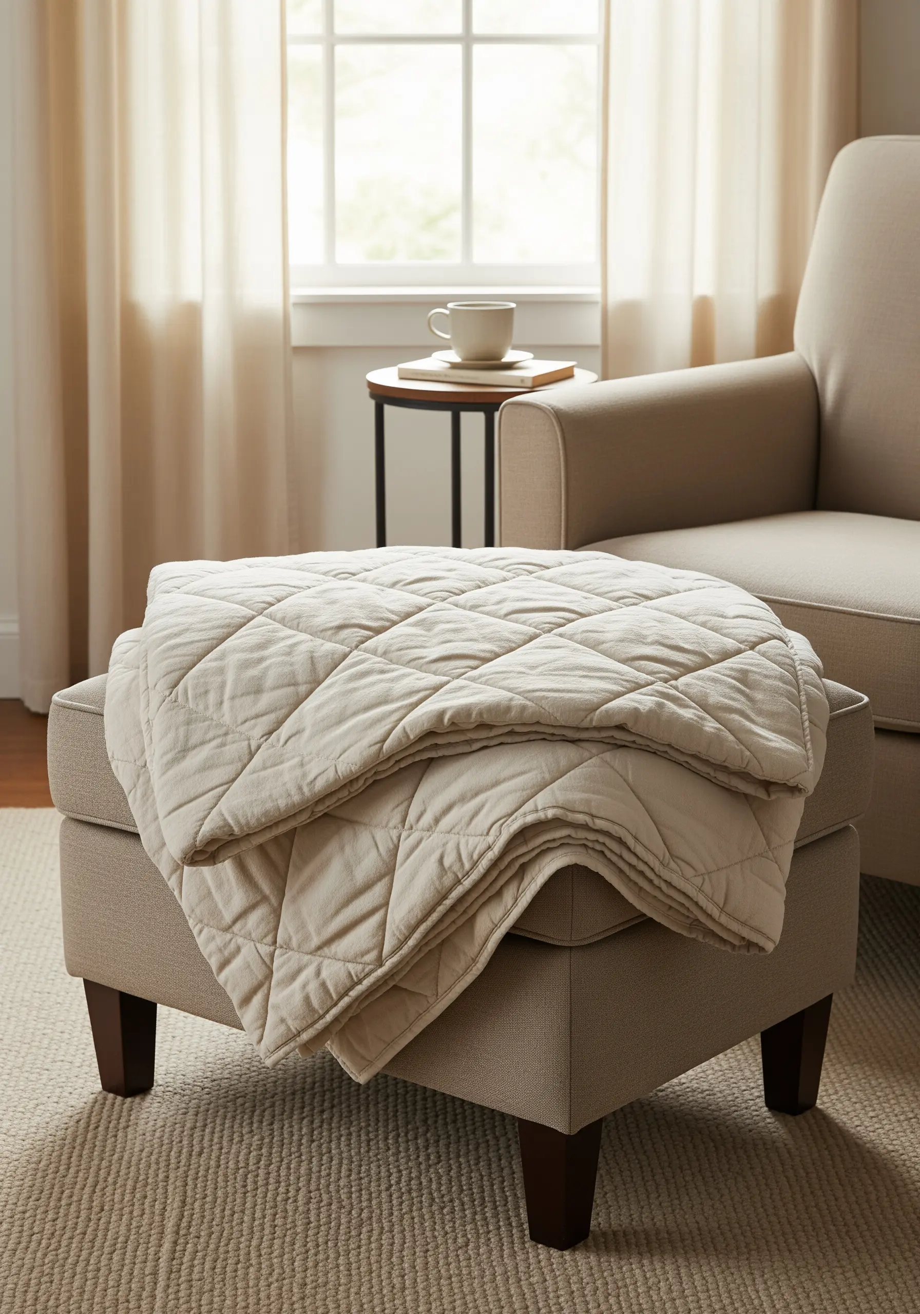 A simple cream-colored quilted blanket with a tone-on-tone diamond stitch pattern.