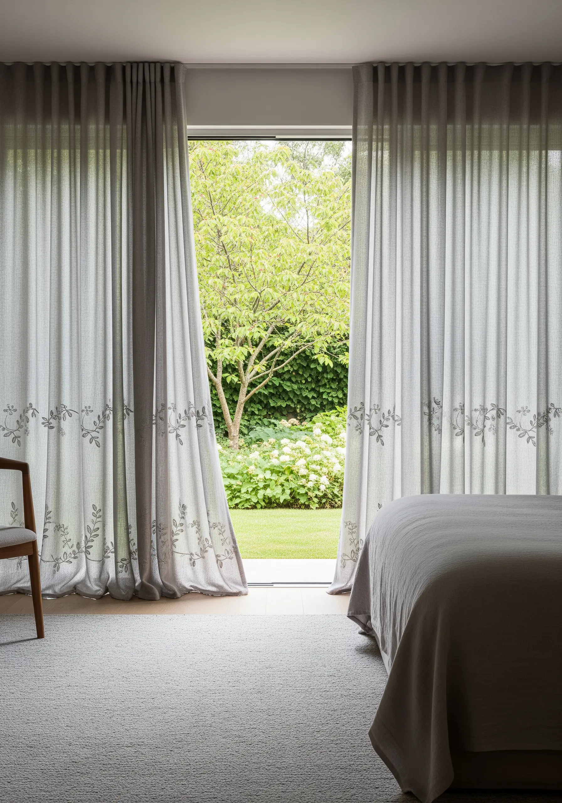 A delicate, tone-on-tone embroidered vine border on light grey sheer curtains.