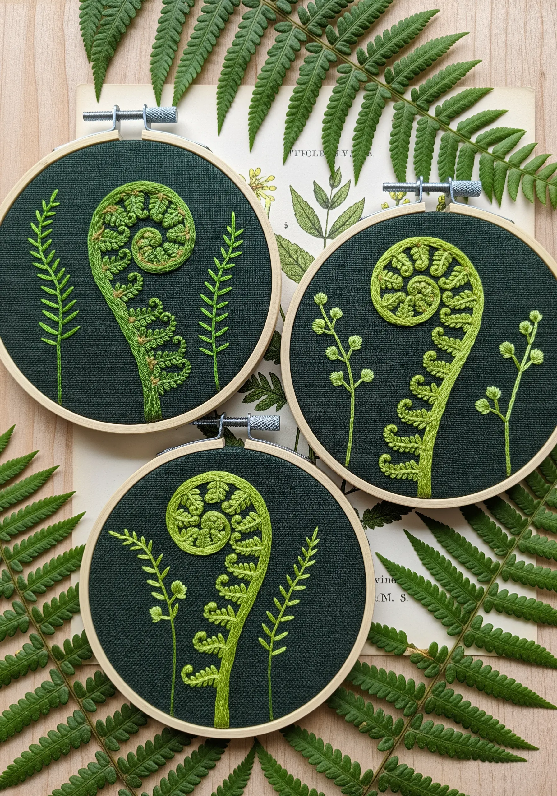 Three embroidery hoops showing the unfurling of a green fern fiddlehead.