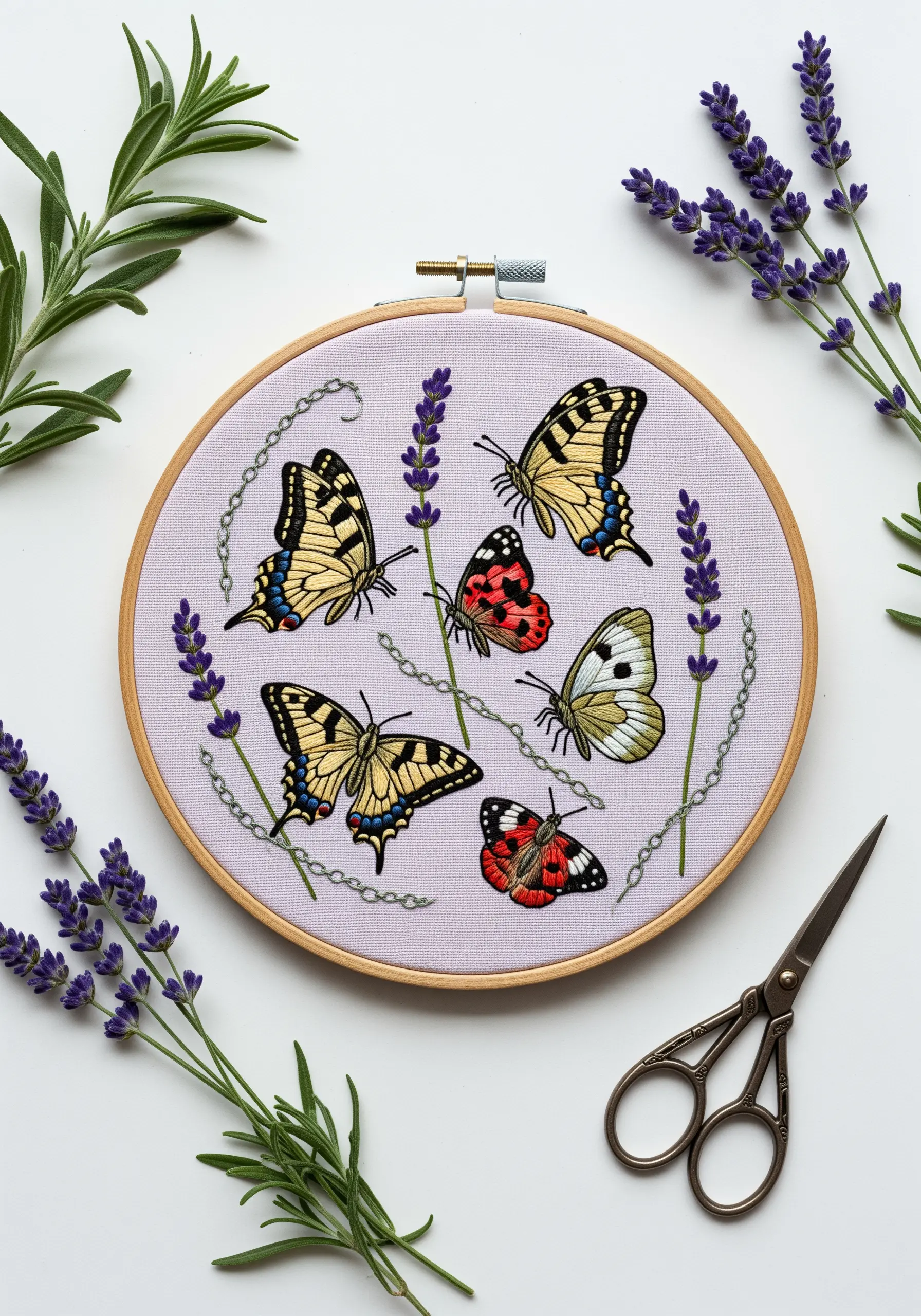 A collection of embroidered butterflies and lavender sprigs on light purple fabric.