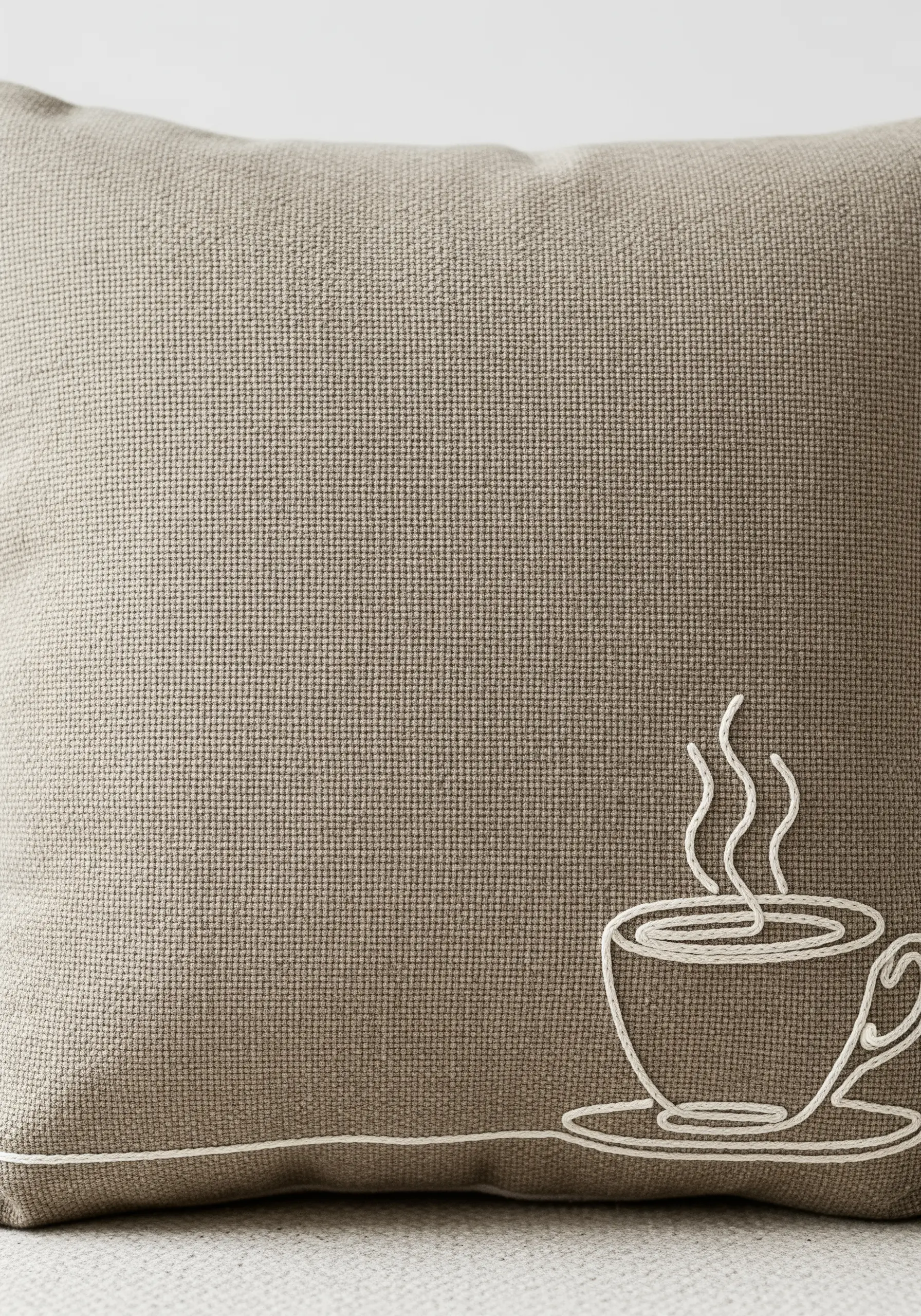 Minimalist line art of a coffee cup with a line extending across a taupe cushion.