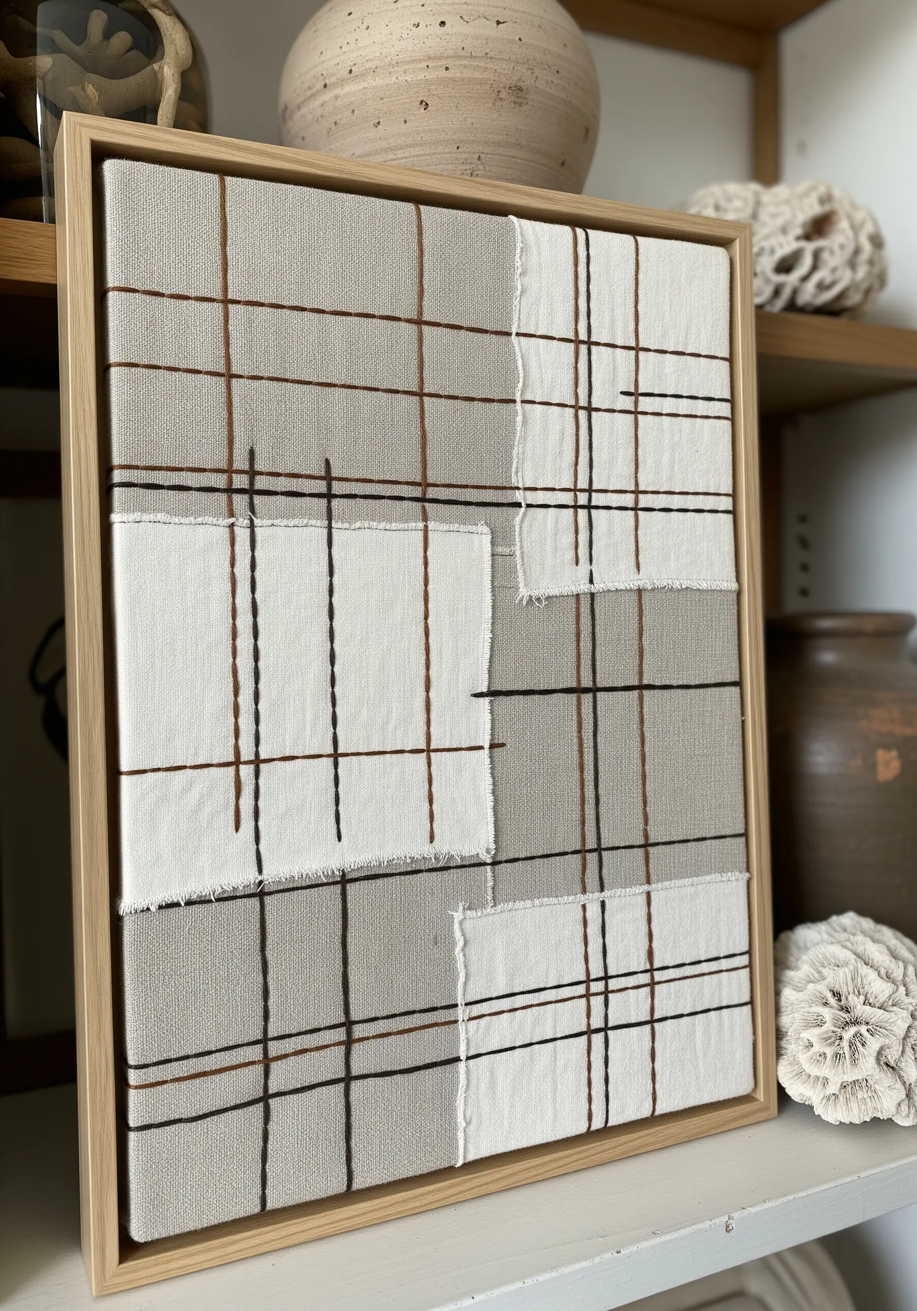 Framed abstract art combining fabric patches with an overlaid grid of brown and black stitches.