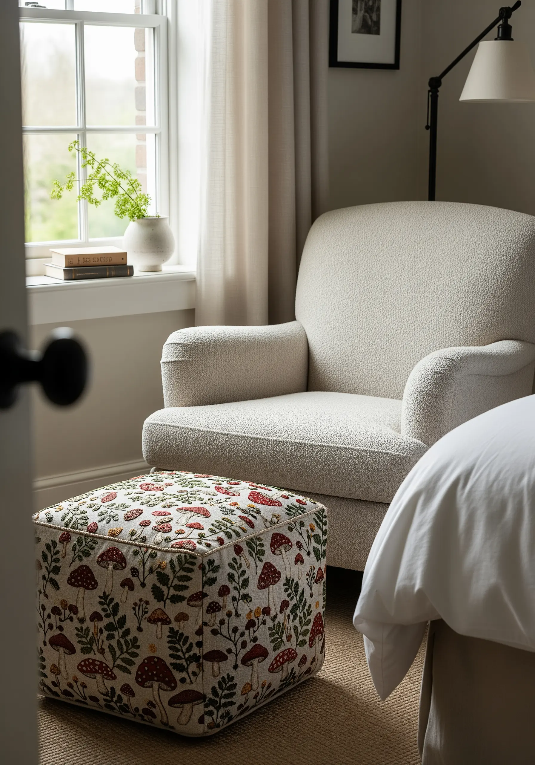An upholstered ottoman covered in a dense, embroidered pattern of various woodland mushrooms.