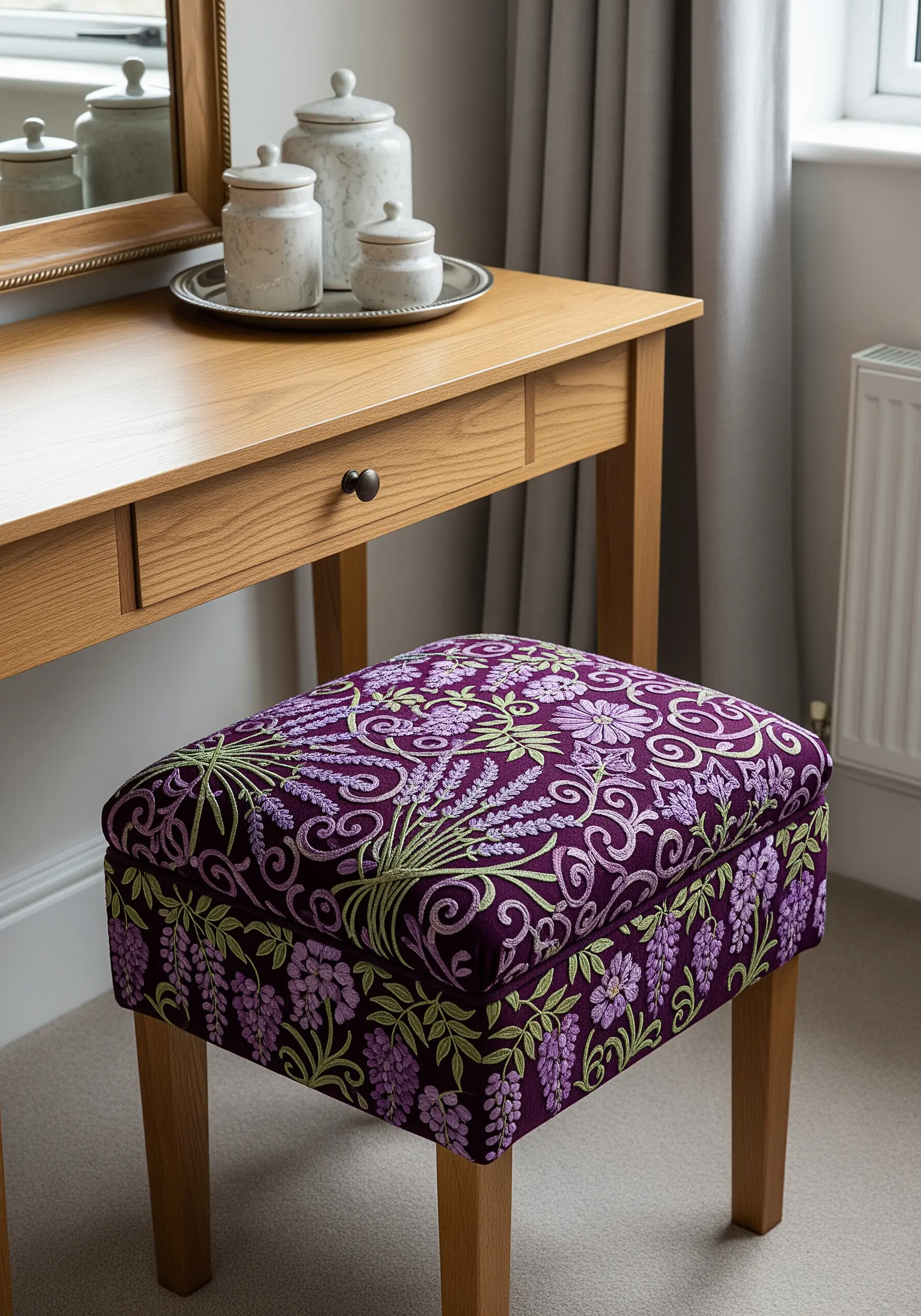A vanity stool upholstered in a rich purple fabric with a dense lavender and wisteria embroidery pattern.