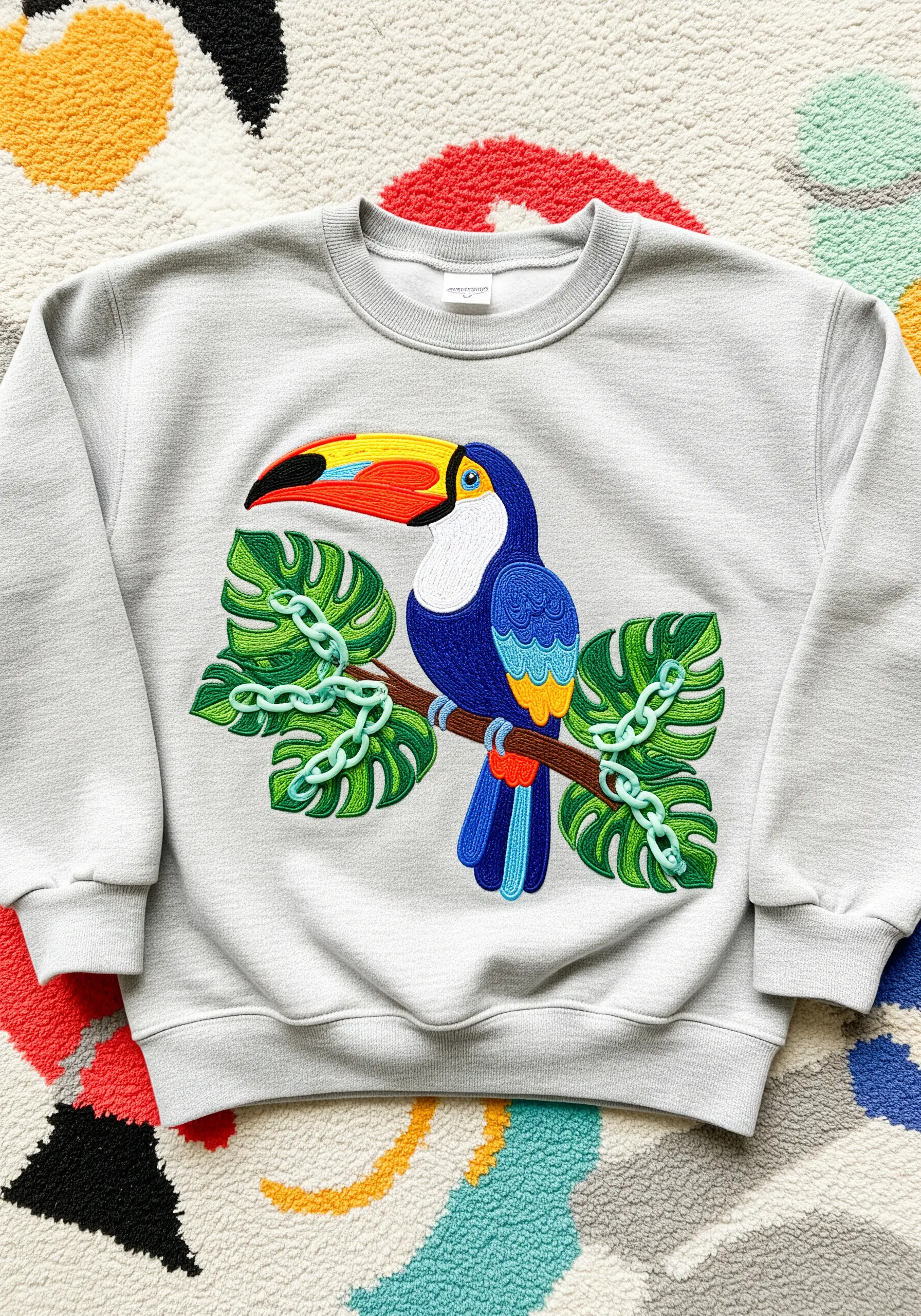 A toucan with a colorful beak and monstera leaves on a gray sweatshirt, created with appliqué and embroidery.