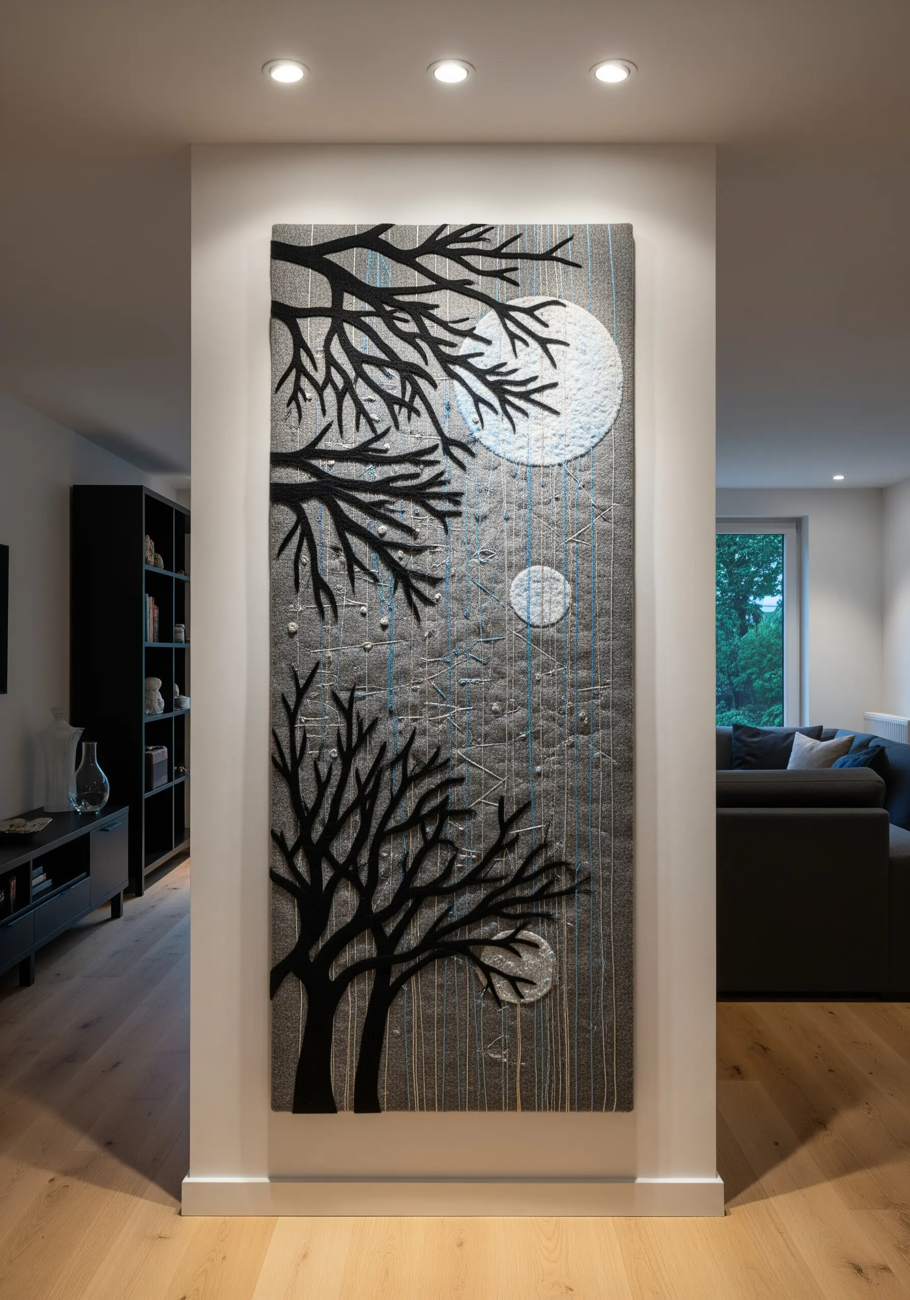 A tall textile panel with black tree silhouettes against a gray, moonlit background.