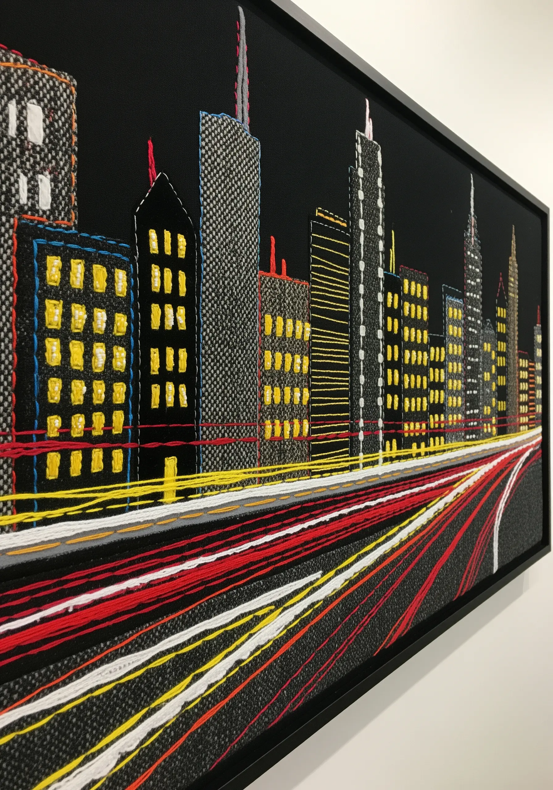 A cityscape at night made with fabric appliqué buildings and long stitches for light trails.
