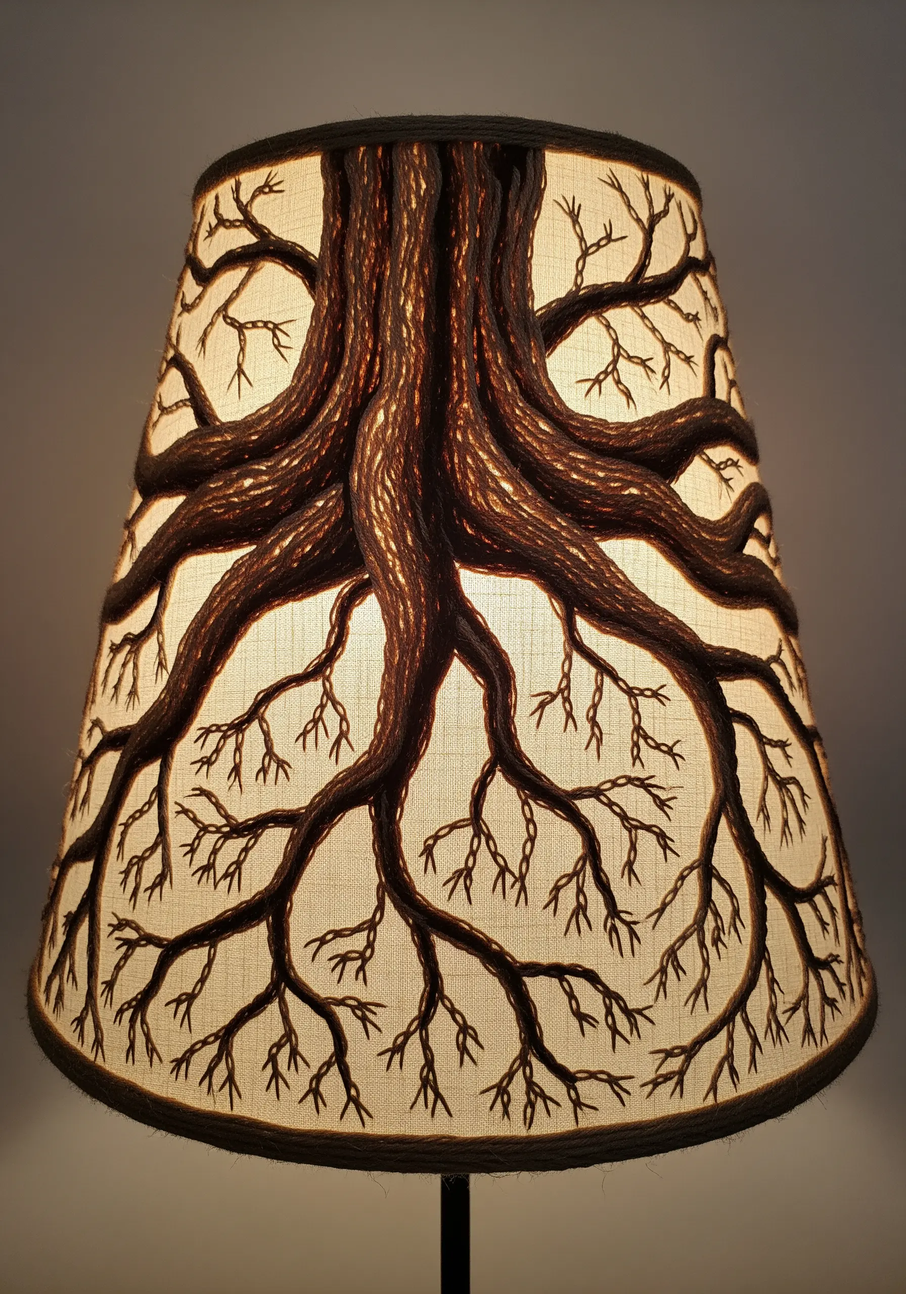 An embroidered lampshade with a dark, couched tree root design that is illuminated from within.
