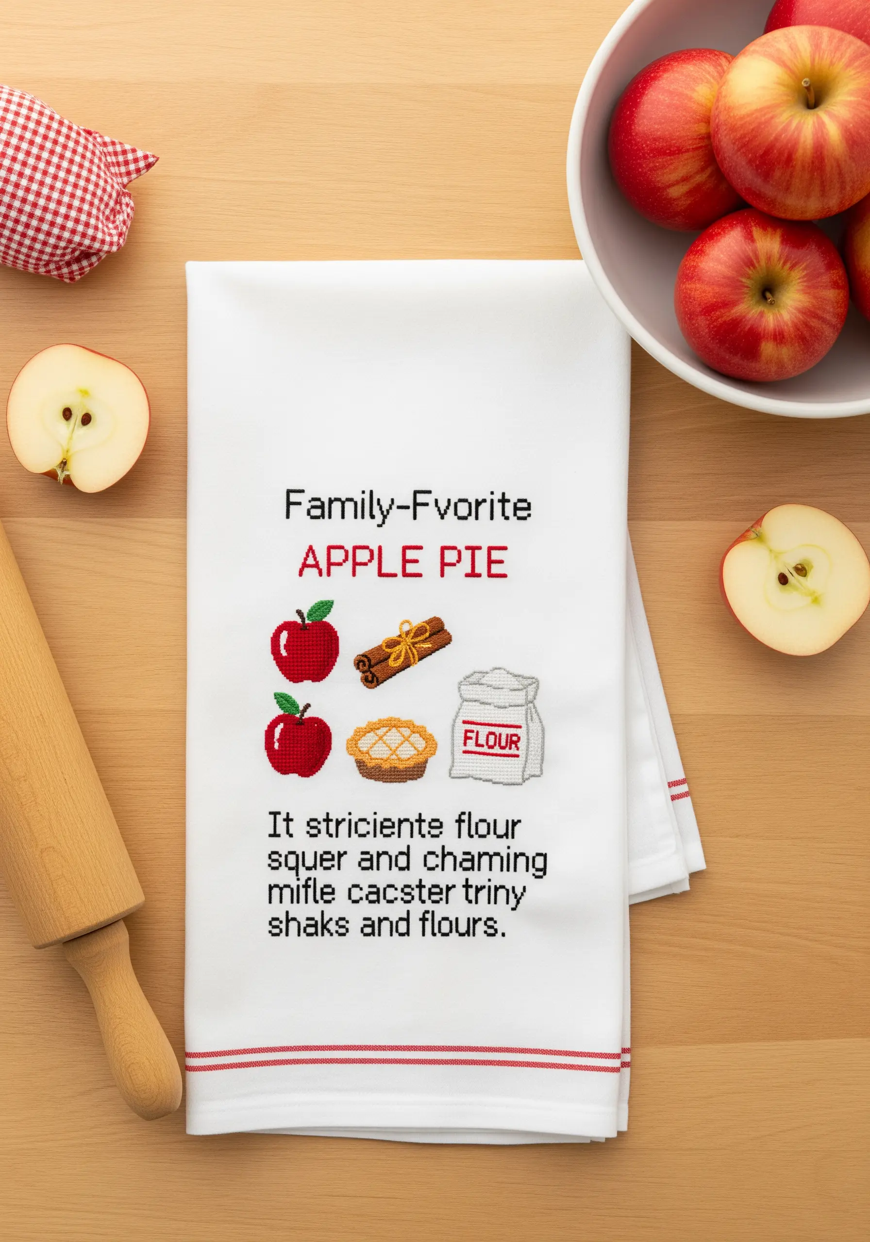A white kitchen towel with cross-stitched apples, a pie, and a flour sack.