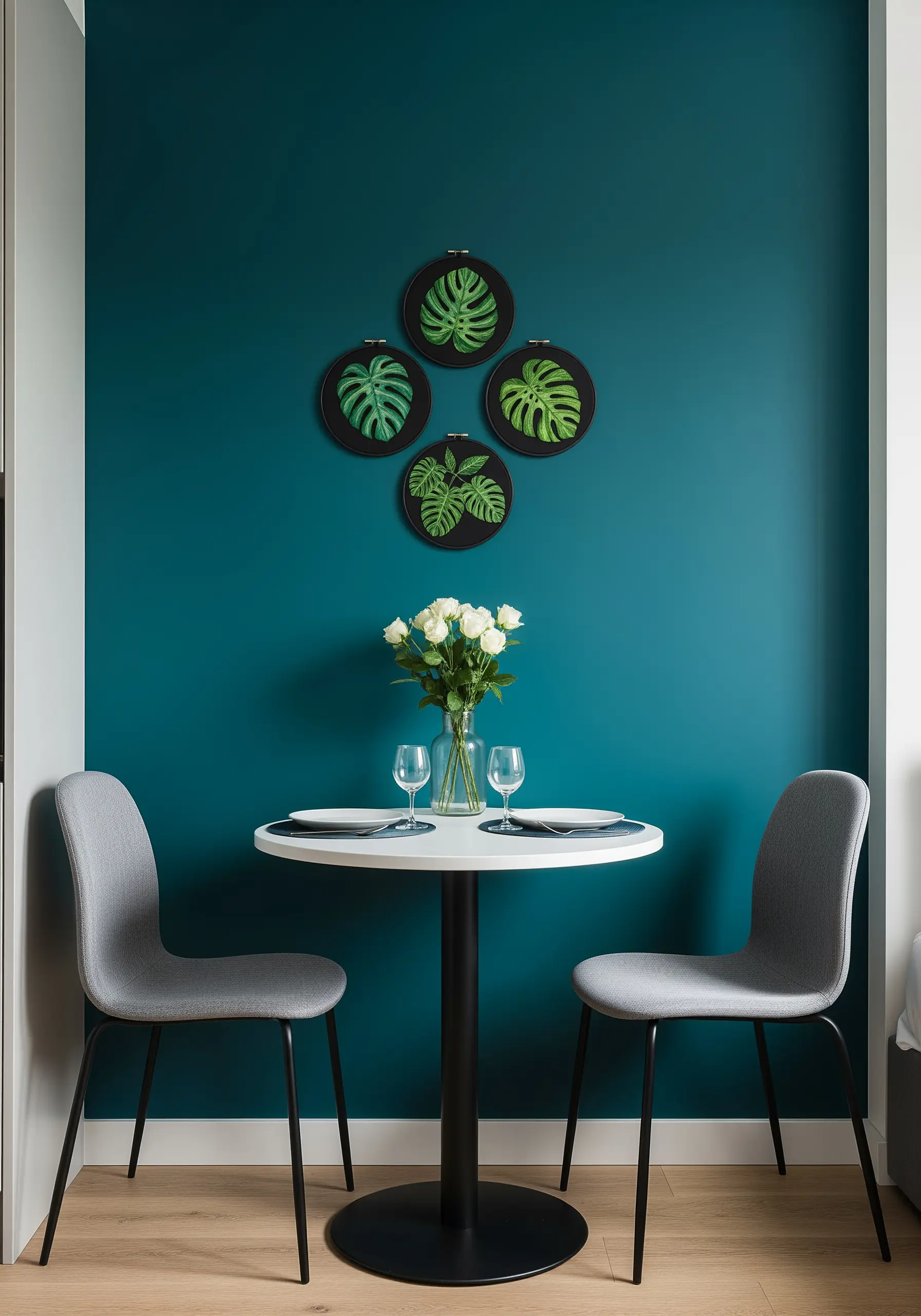 Four black hoops with monstera leaf embroideries on a dark teal wall above a dining table.