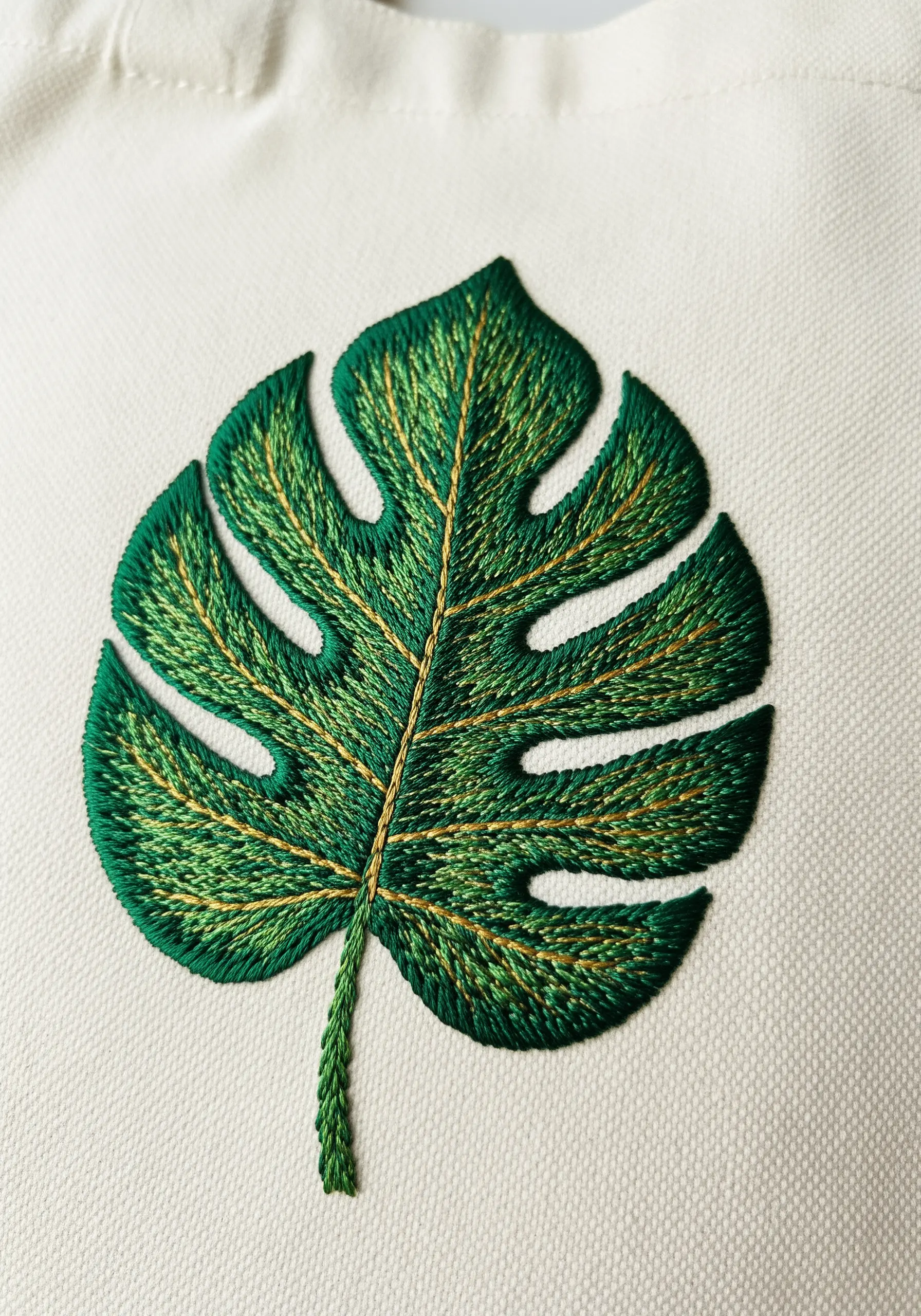 A monstera leaf embroidered with directional satin stitch in shades of green and gold.