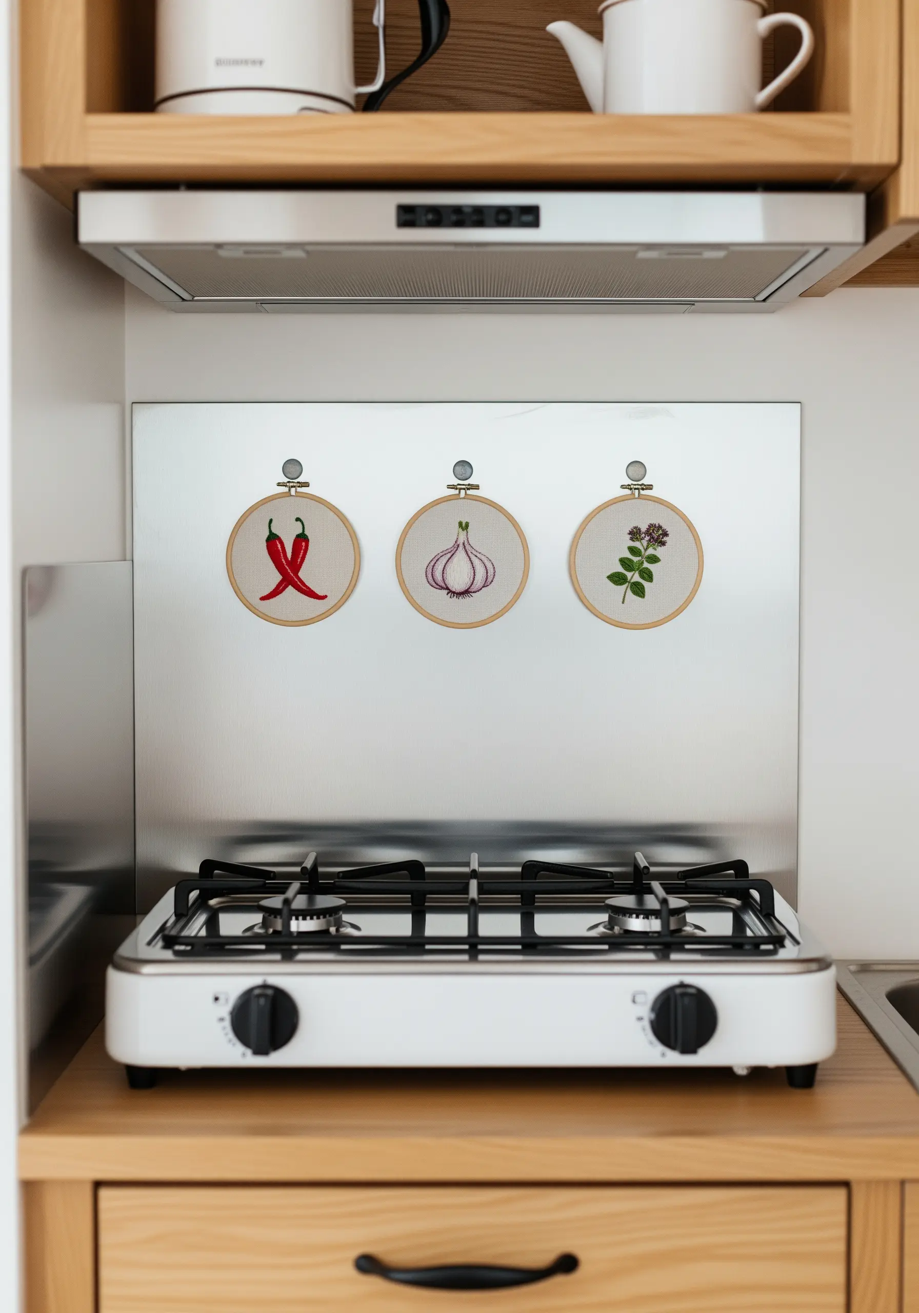 Three small embroidery hoops with a chili pepper, garlic, and oregano above a modern stove.