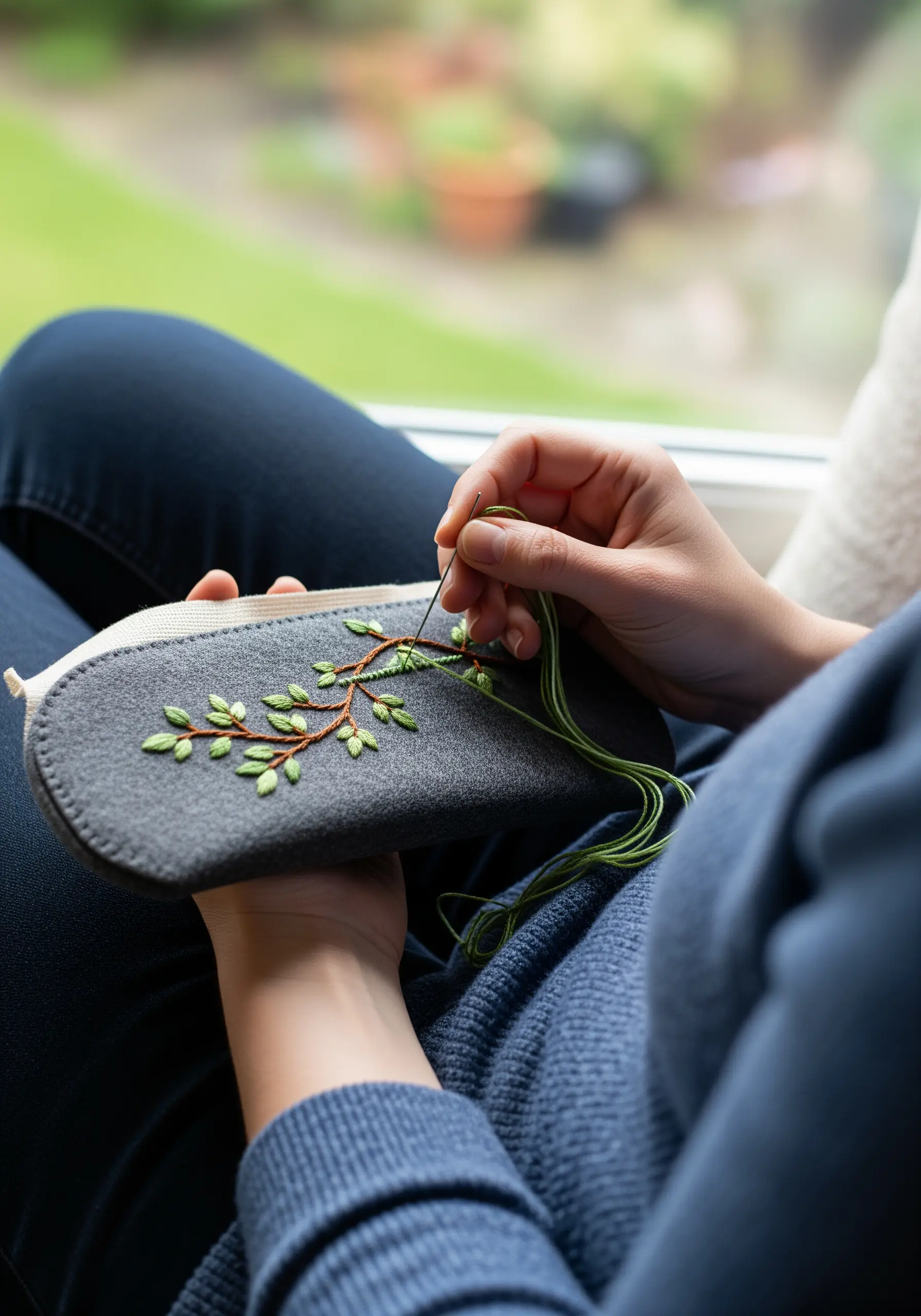 A leafy branch with blended green threads being stitched onto a grey felt glasses case.
