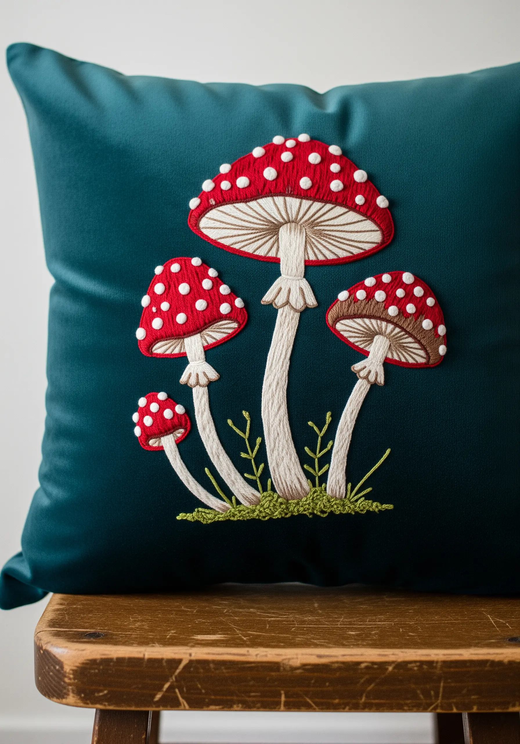 A group of embroidered red-capped mushrooms with white French knot dots on a teal pillow.