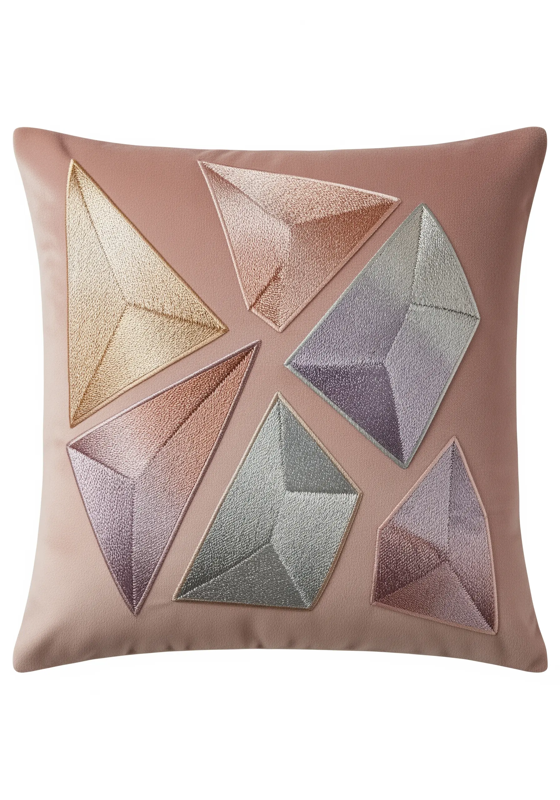 Geometric gem shapes with soft gradients to create a 3D effect on a pink cushion.