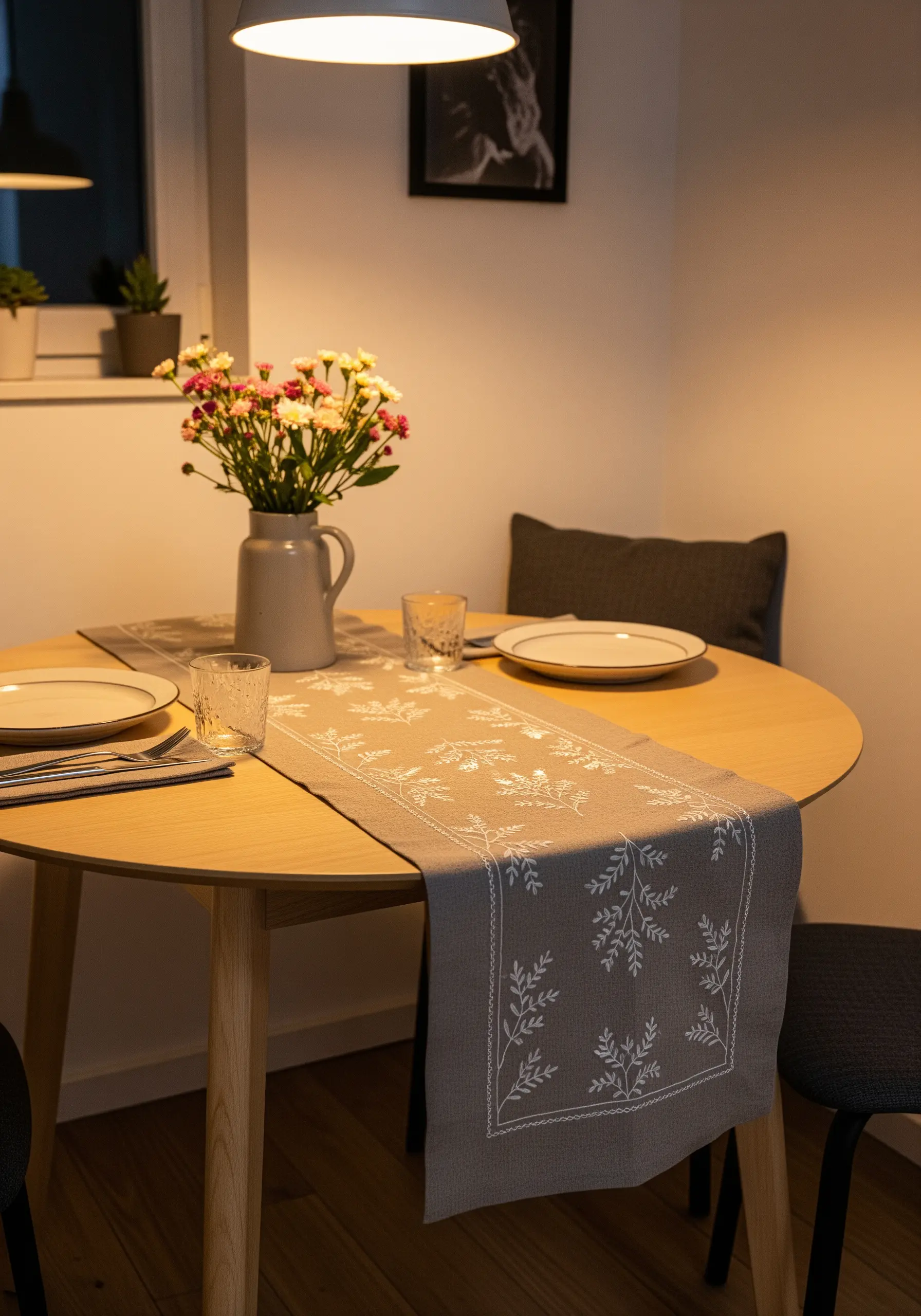 White botanical foliage embroidered on a grey linen table runner