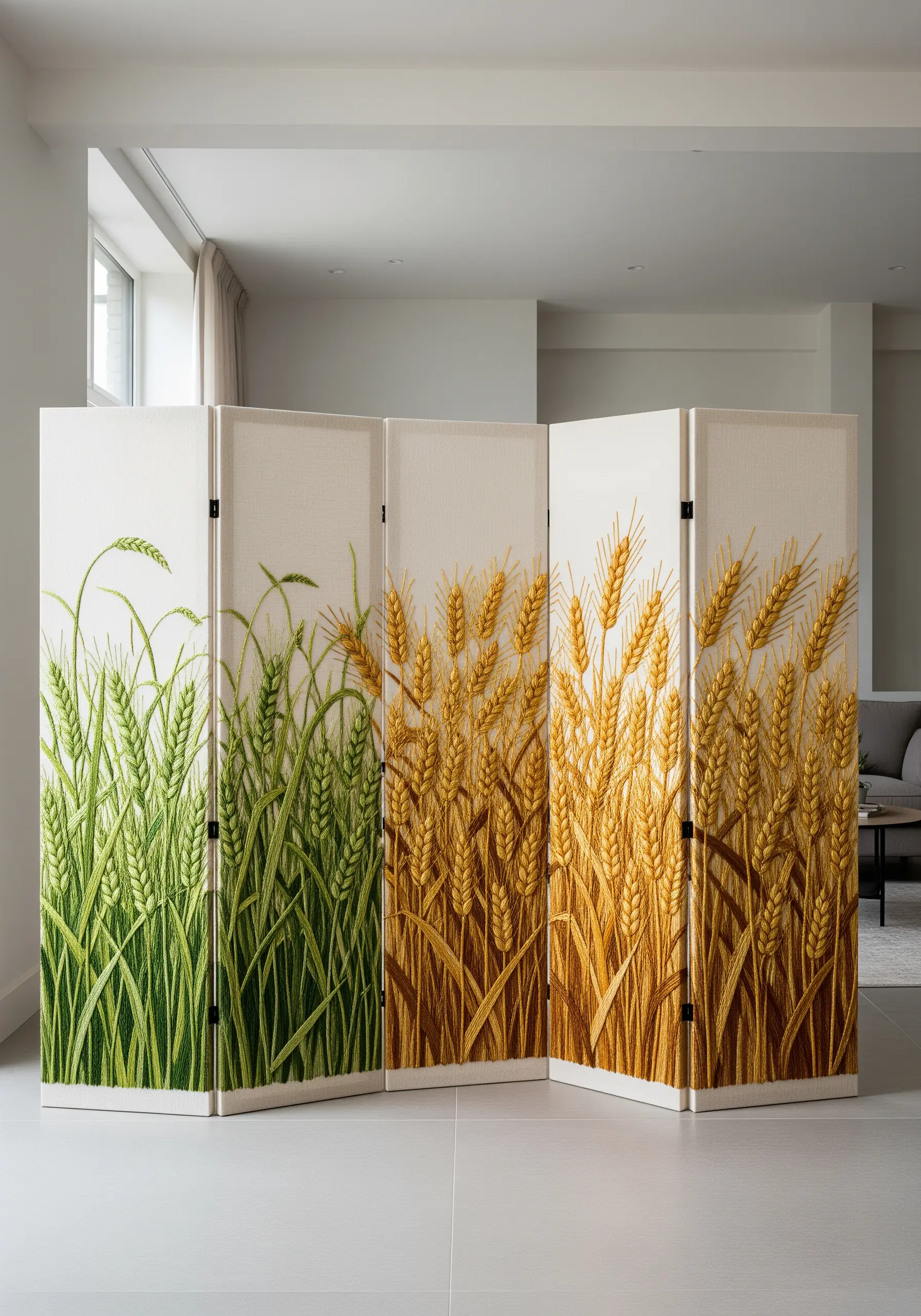 An embroidered folding screen showing a field of wheat, with dense layers of green and gold stitches.