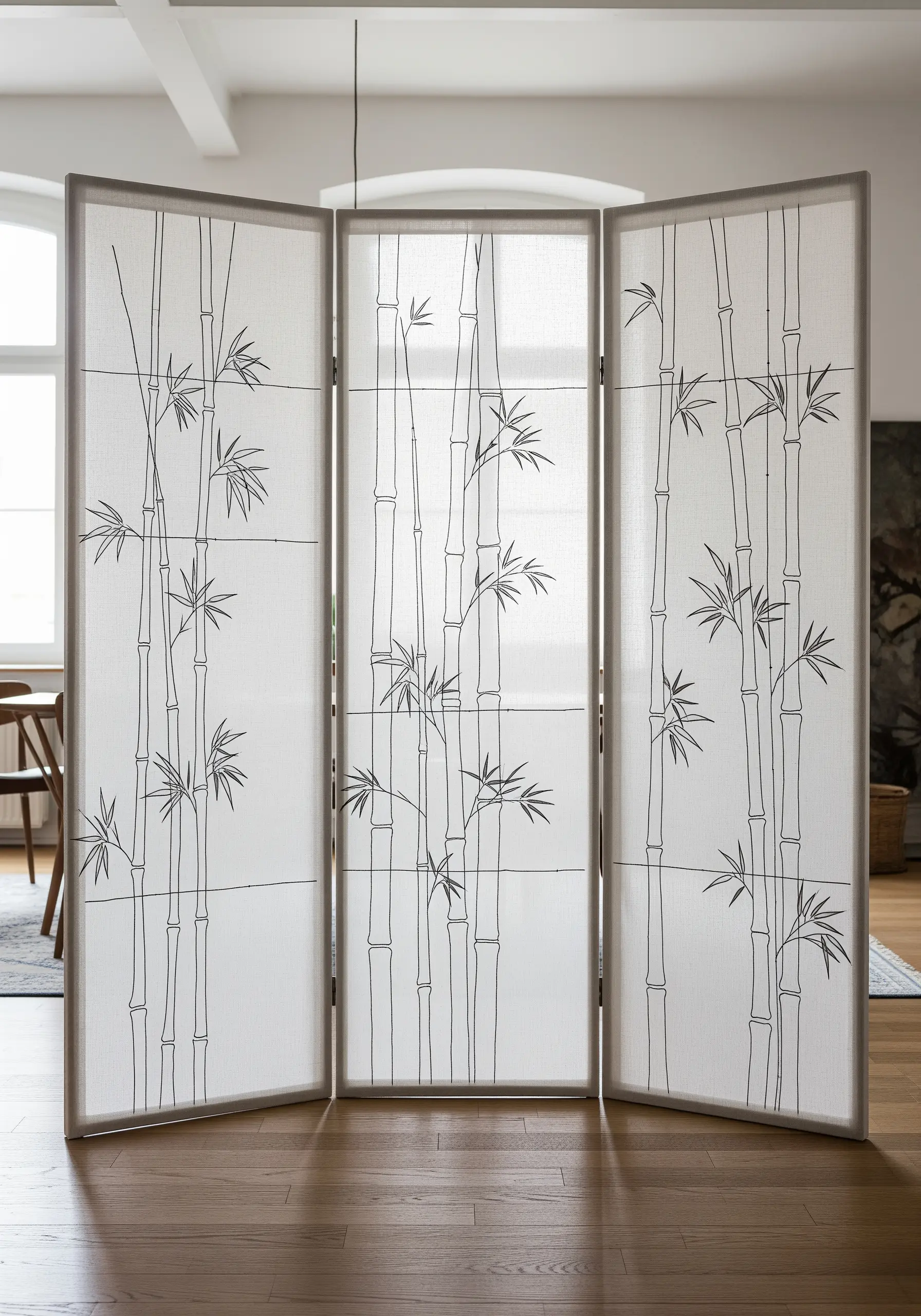 Delicate bamboo stalks embroidered in black thread on a semi-sheer fabric room divider.