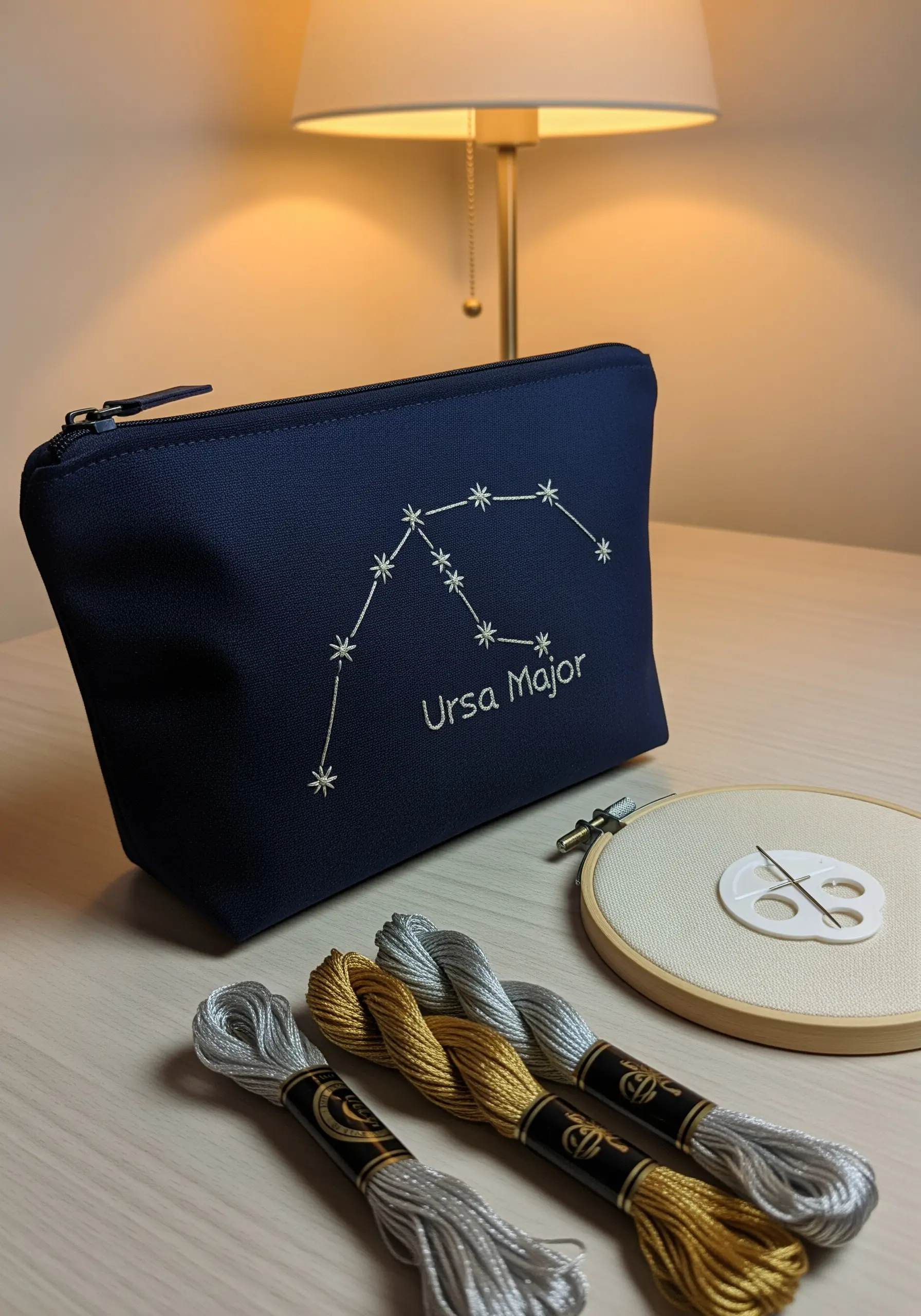 Ursa Major constellation embroidered with silver and gold thread on a dark blue pouch