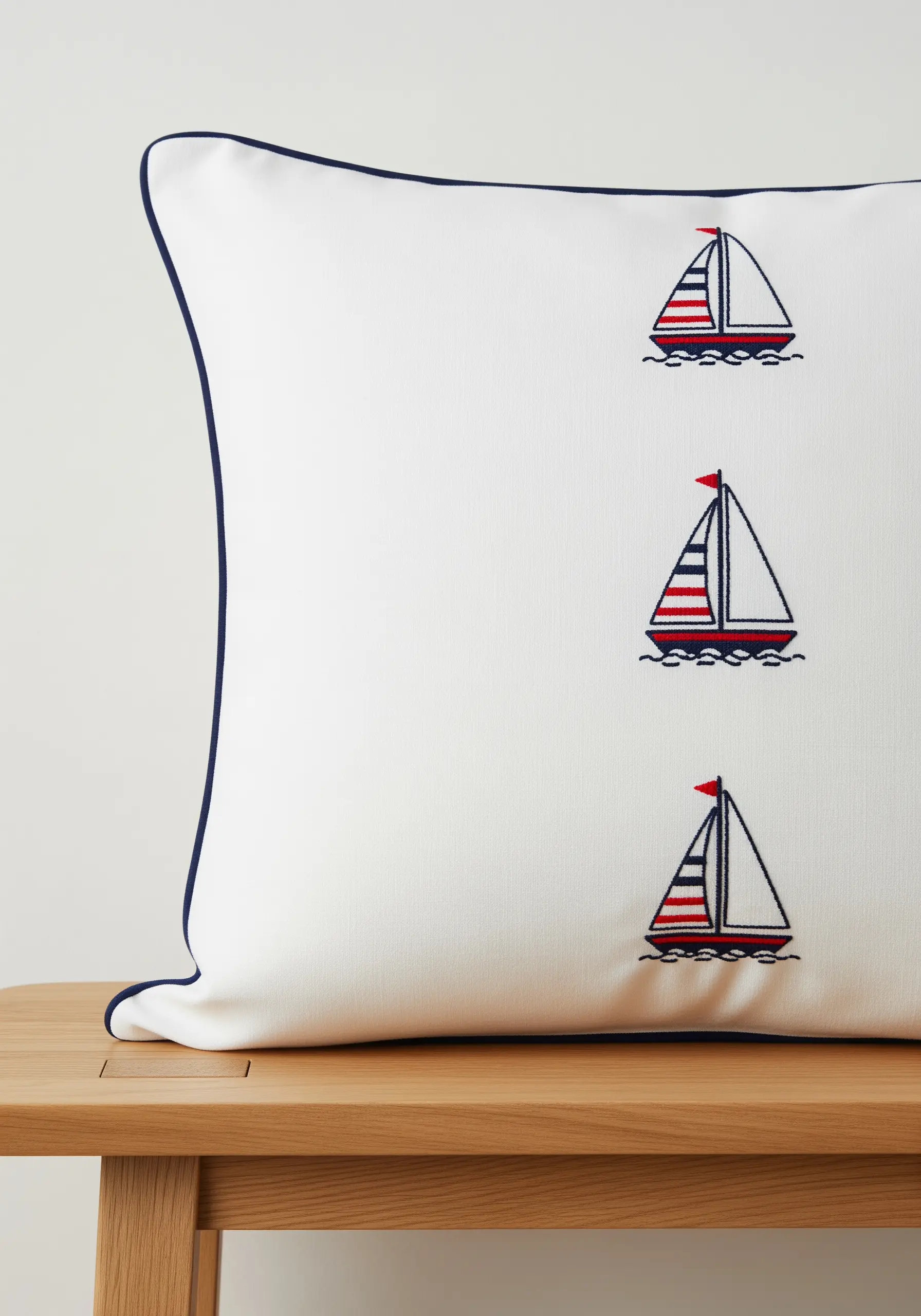 Three small, neatly embroidered sailboats in a vertical line on a white pillow