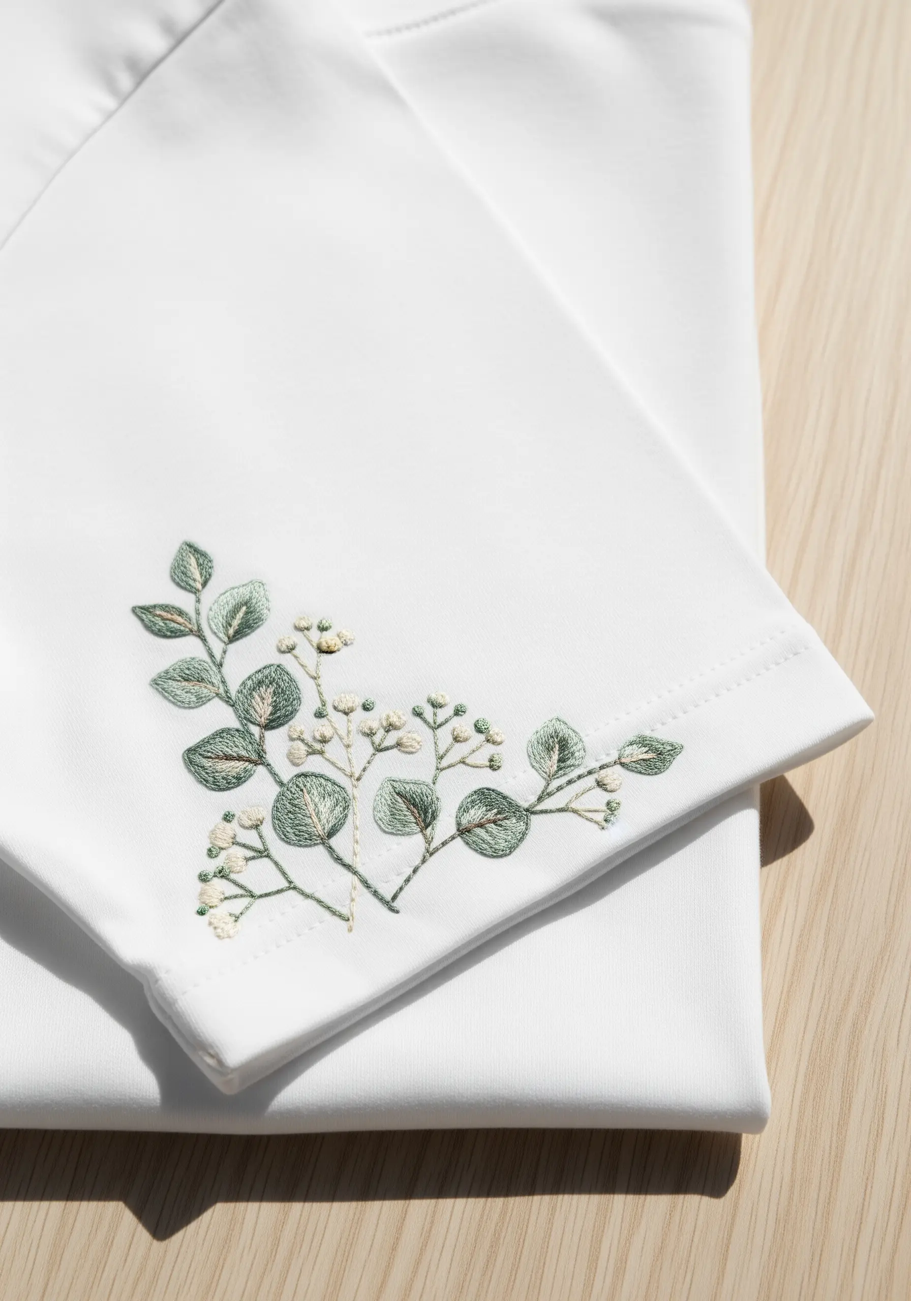 Delicate eucalyptus branch embroidered in a corner on a folded white garment