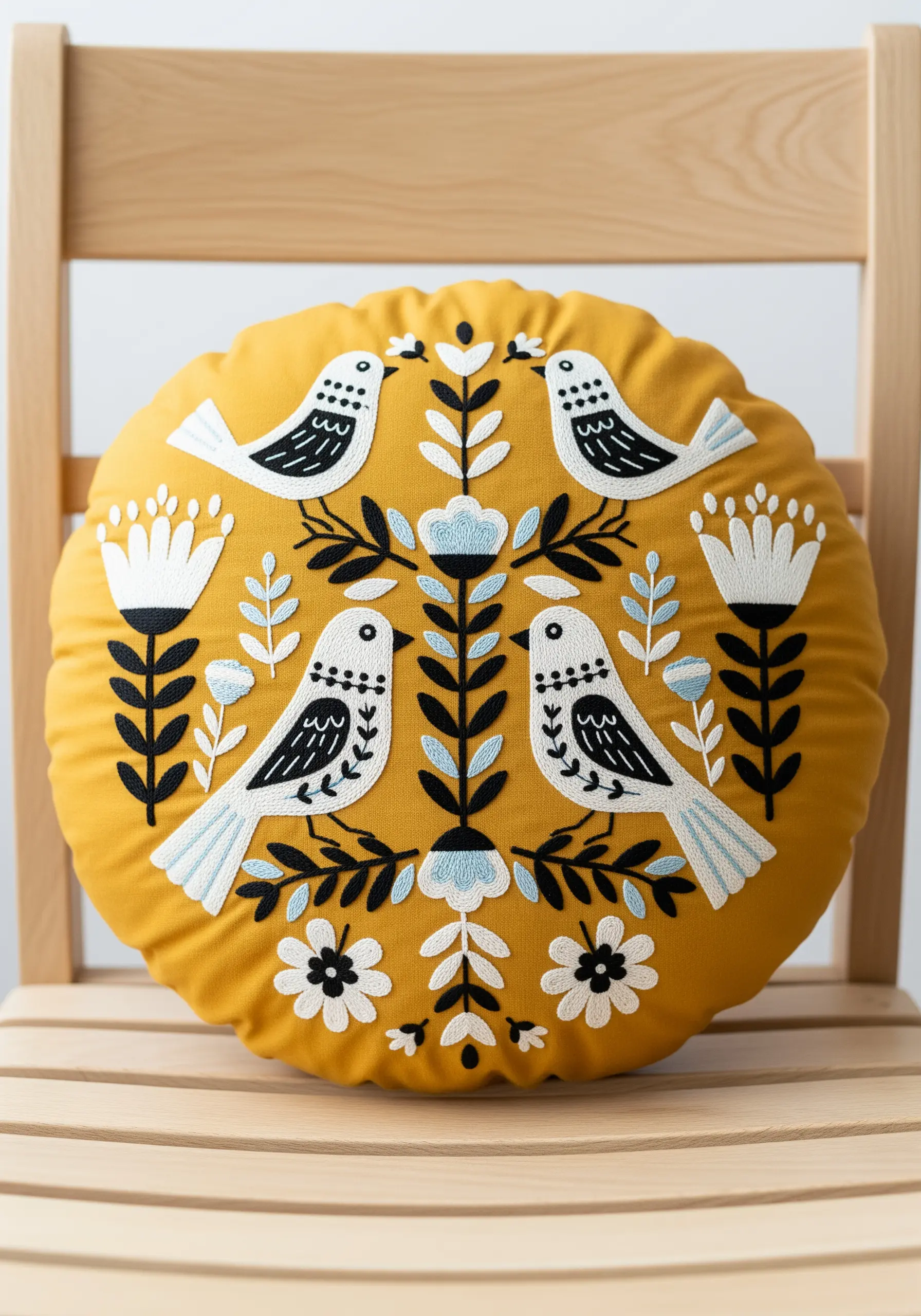 Symmetrical folk art pattern with birds and flowers on a round yellow pillow.