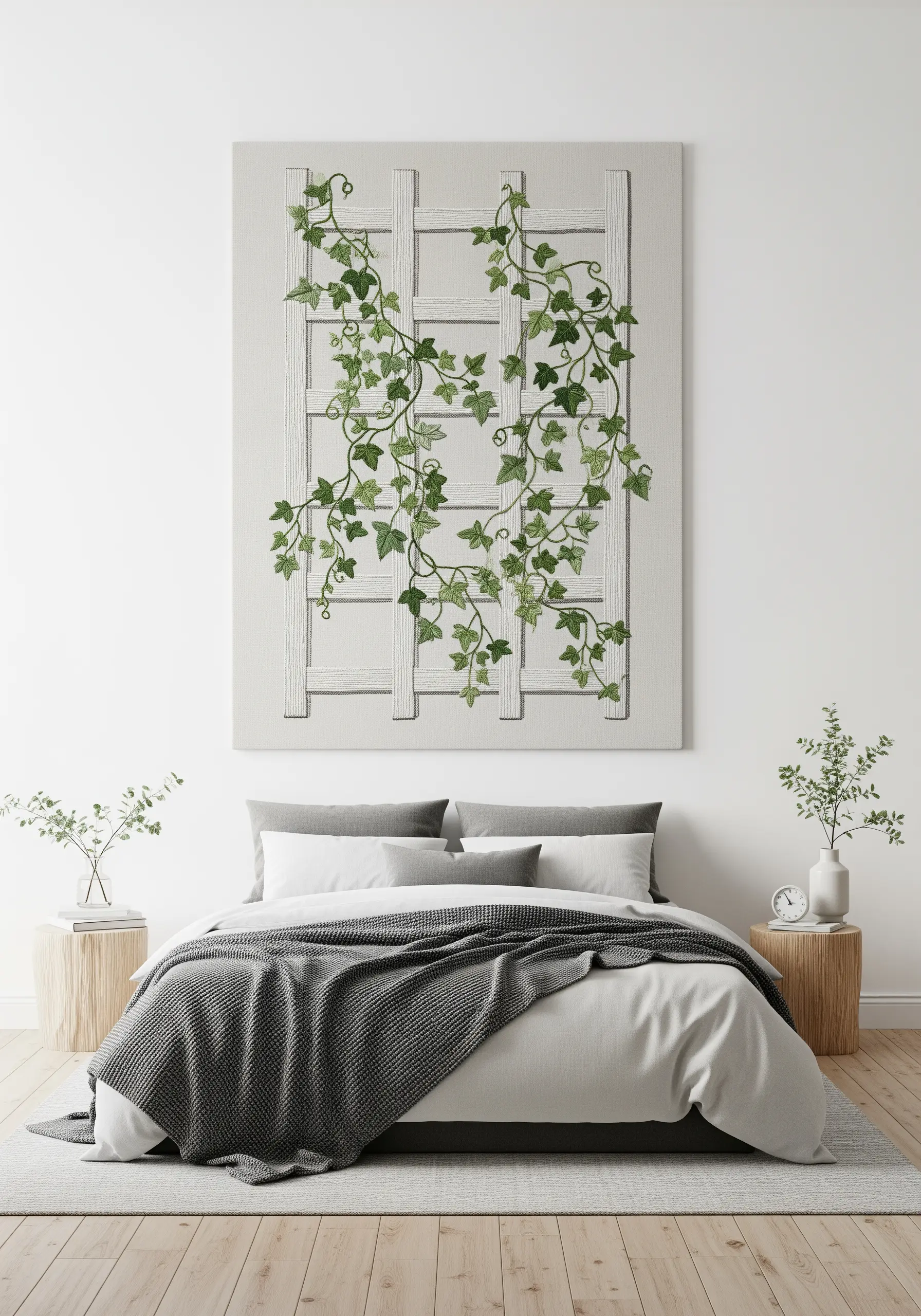 Embroidery of green ivy climbing an un-stitched white trellis on a neutral canvas.