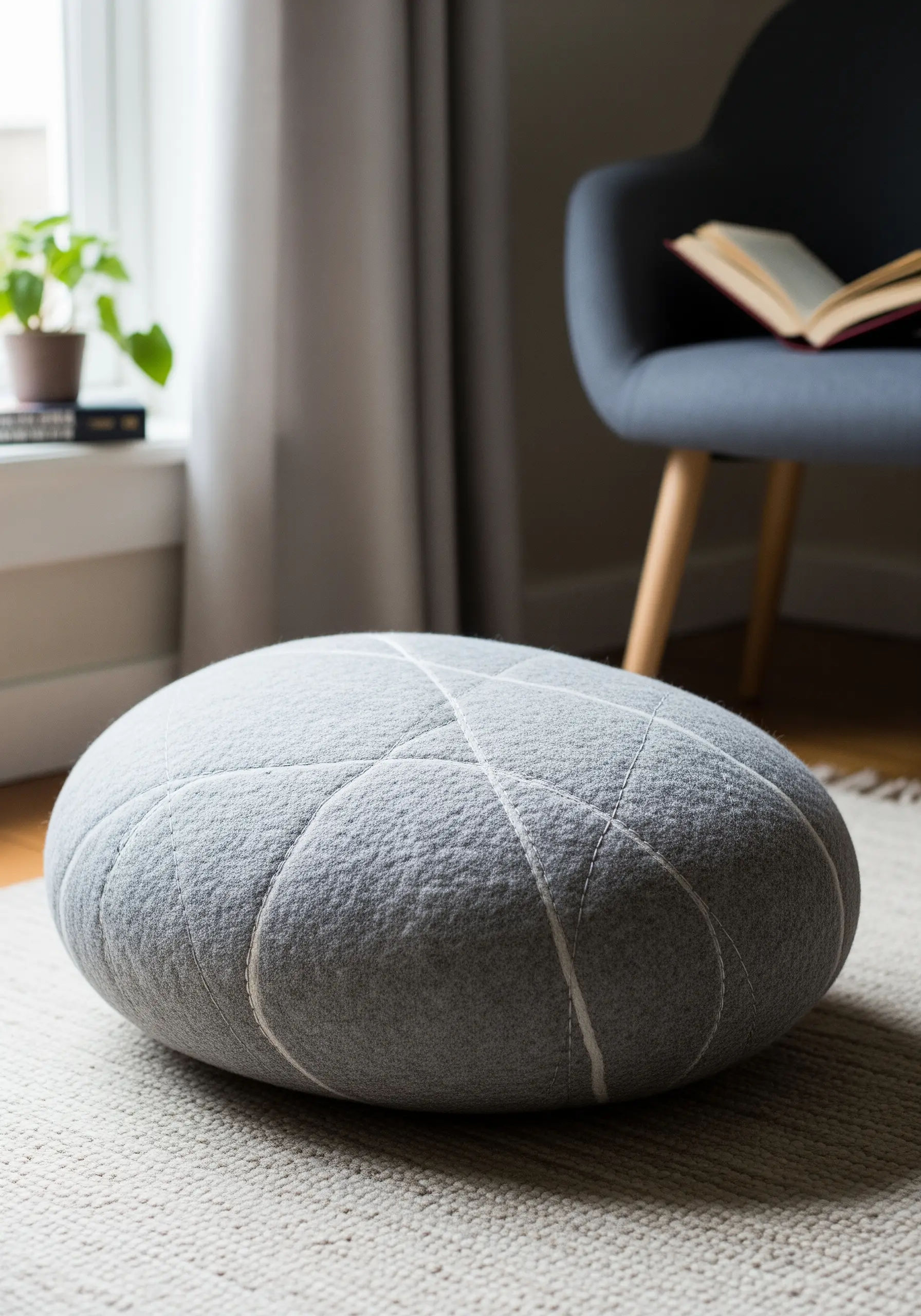 A round, gray felt floor cushion with simple white lines stitched in a geometric pattern.
