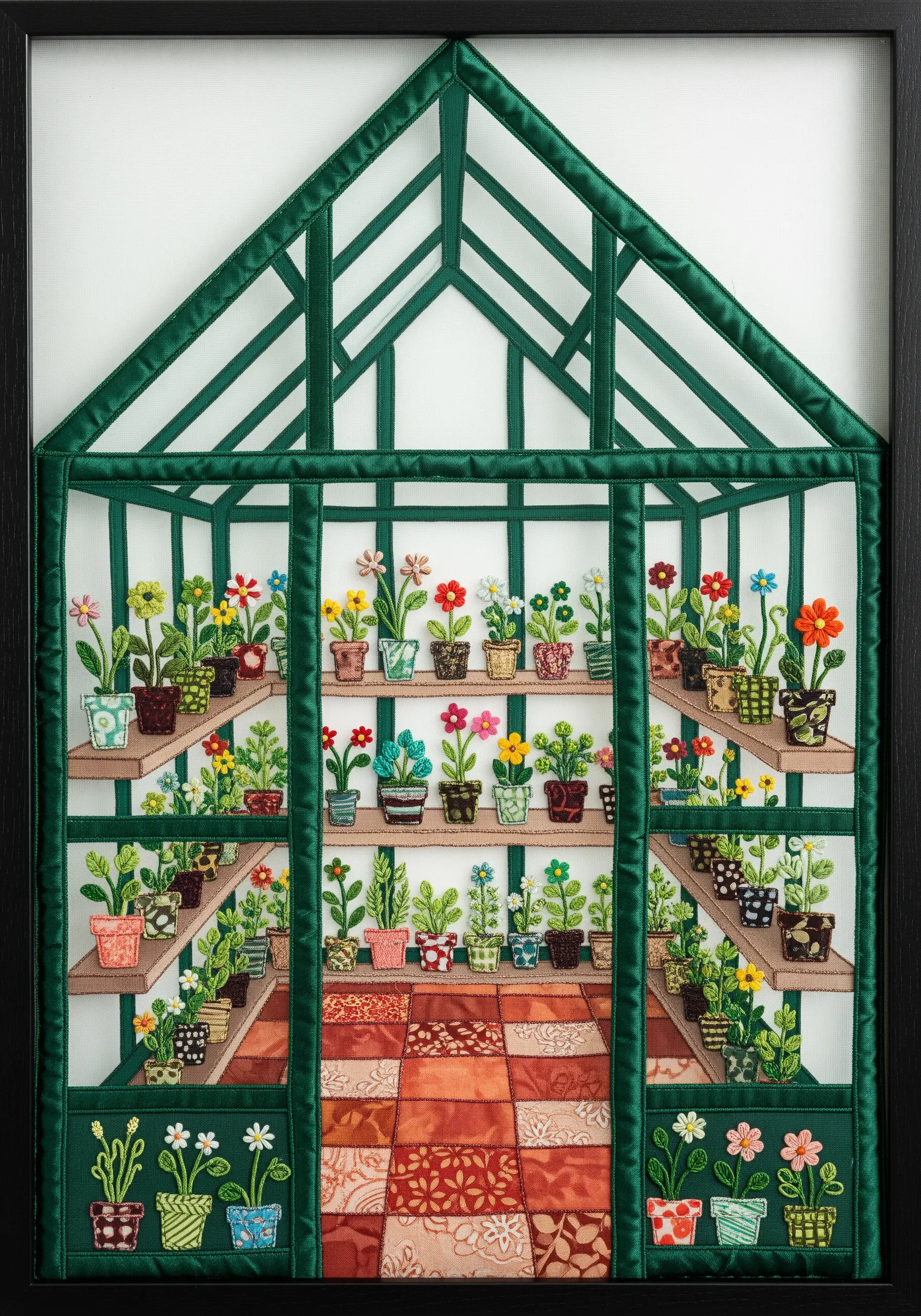 A fabric collage of a greenhouse with the frame created from green satin ribbon