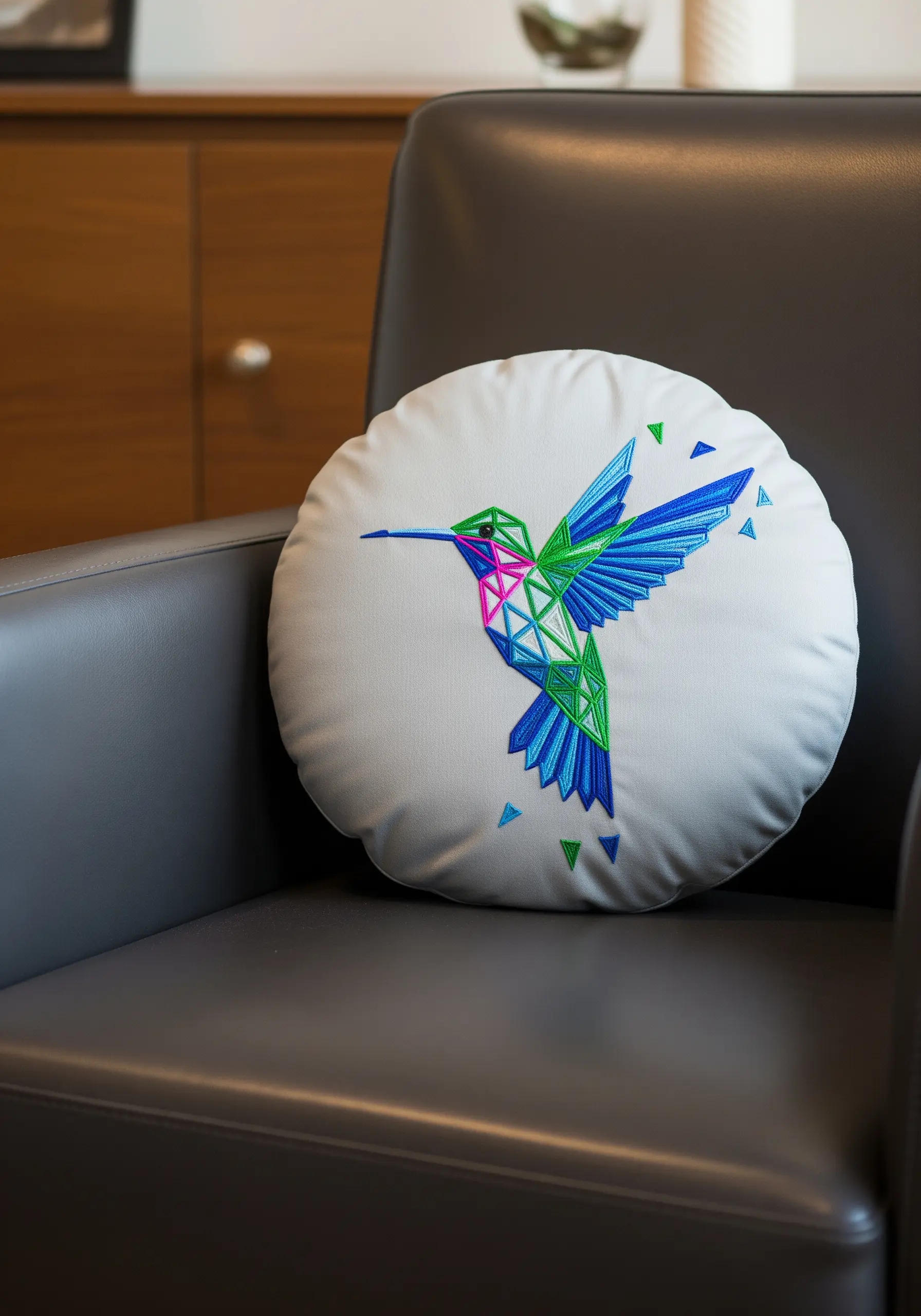 A geometric hummingbird on a round pillow, with wings filled in blocks of colored satin stitch.
