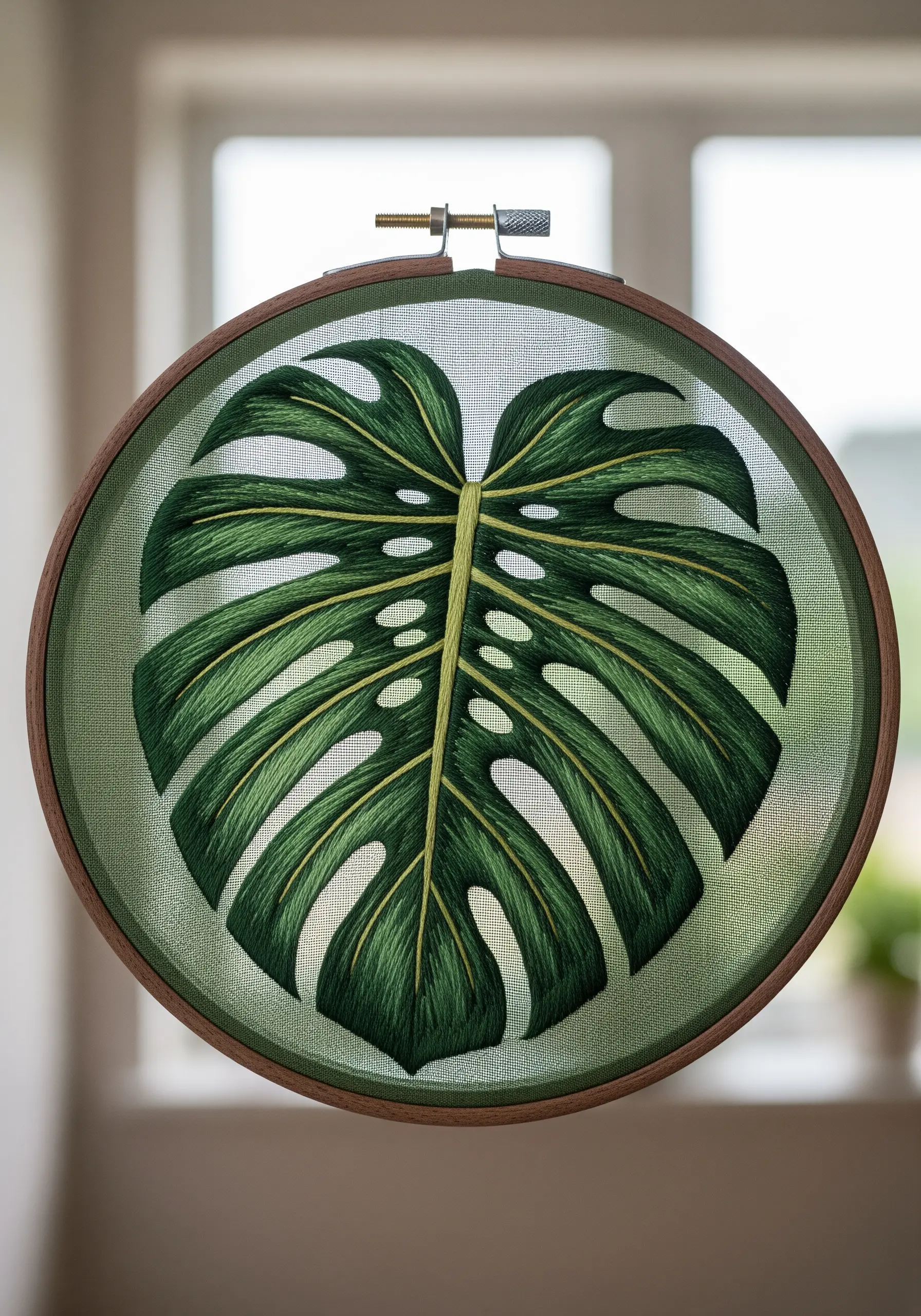A realistic monstera leaf embroidered on sheer green fabric, creating a floating effect.