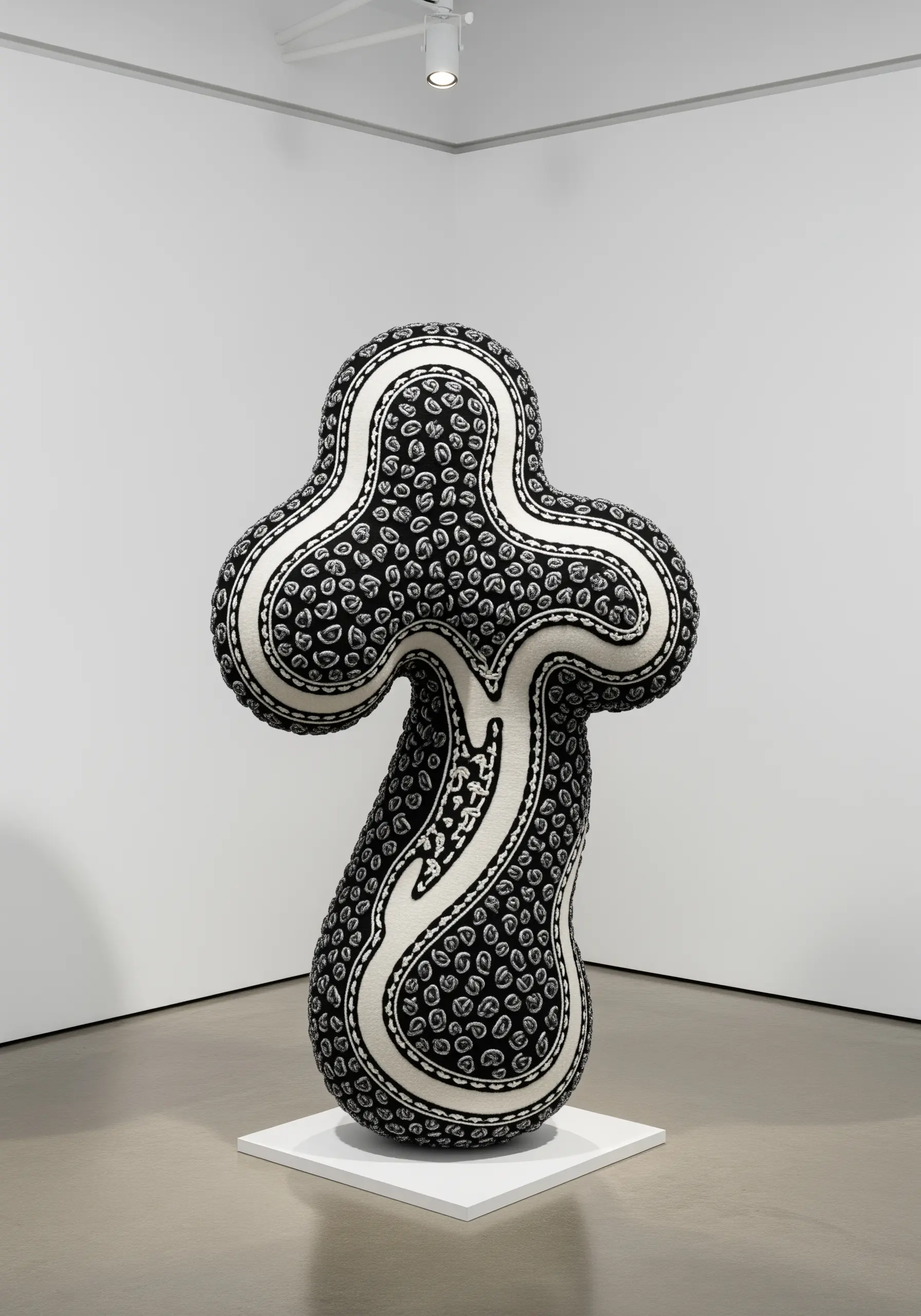A large, abstract black-and-white soft sculpture with defining lines of hand stitching along its contours.