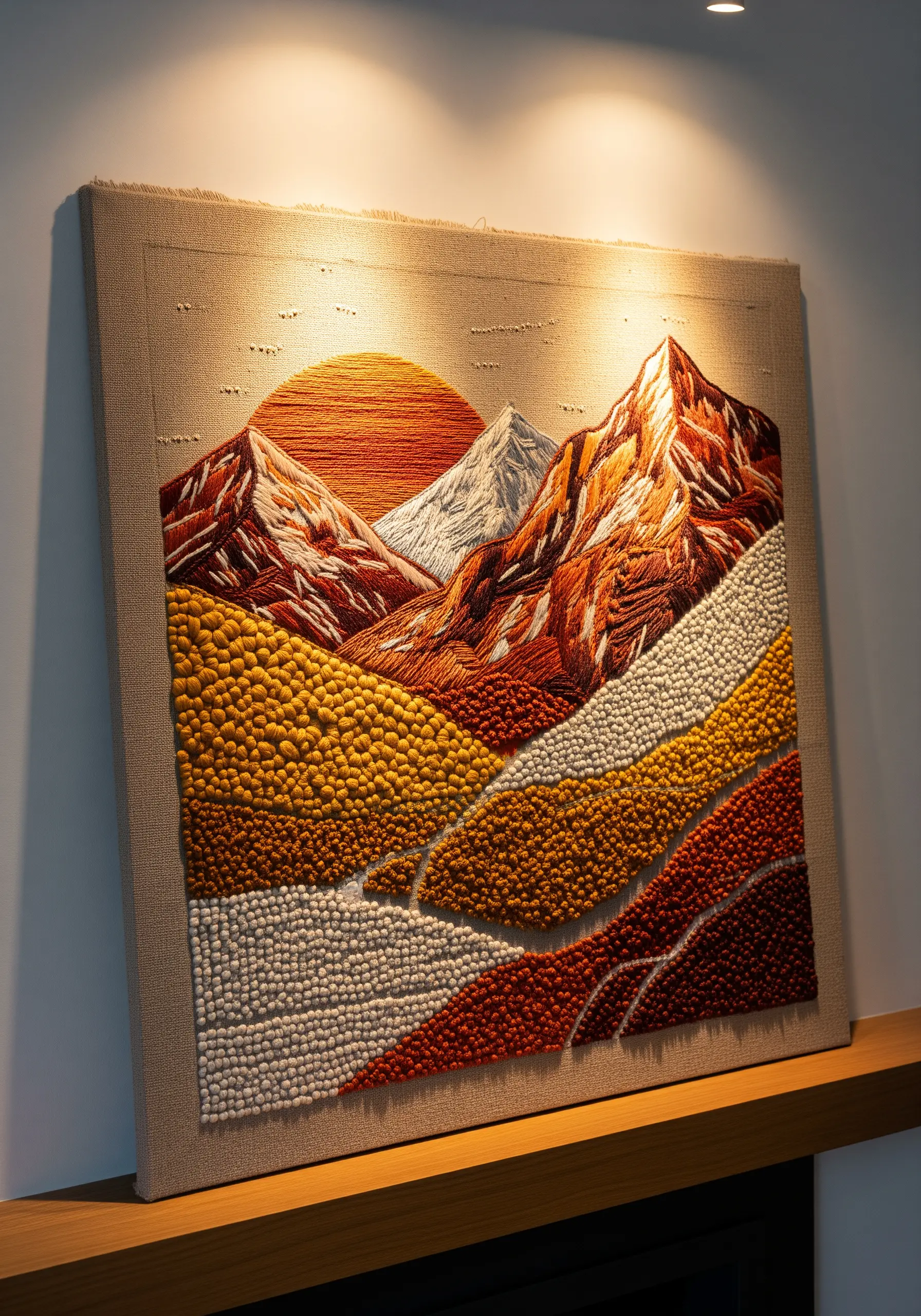 A large punch needle artwork depicting a mountain landscape with a setting sun in warm earth tones.