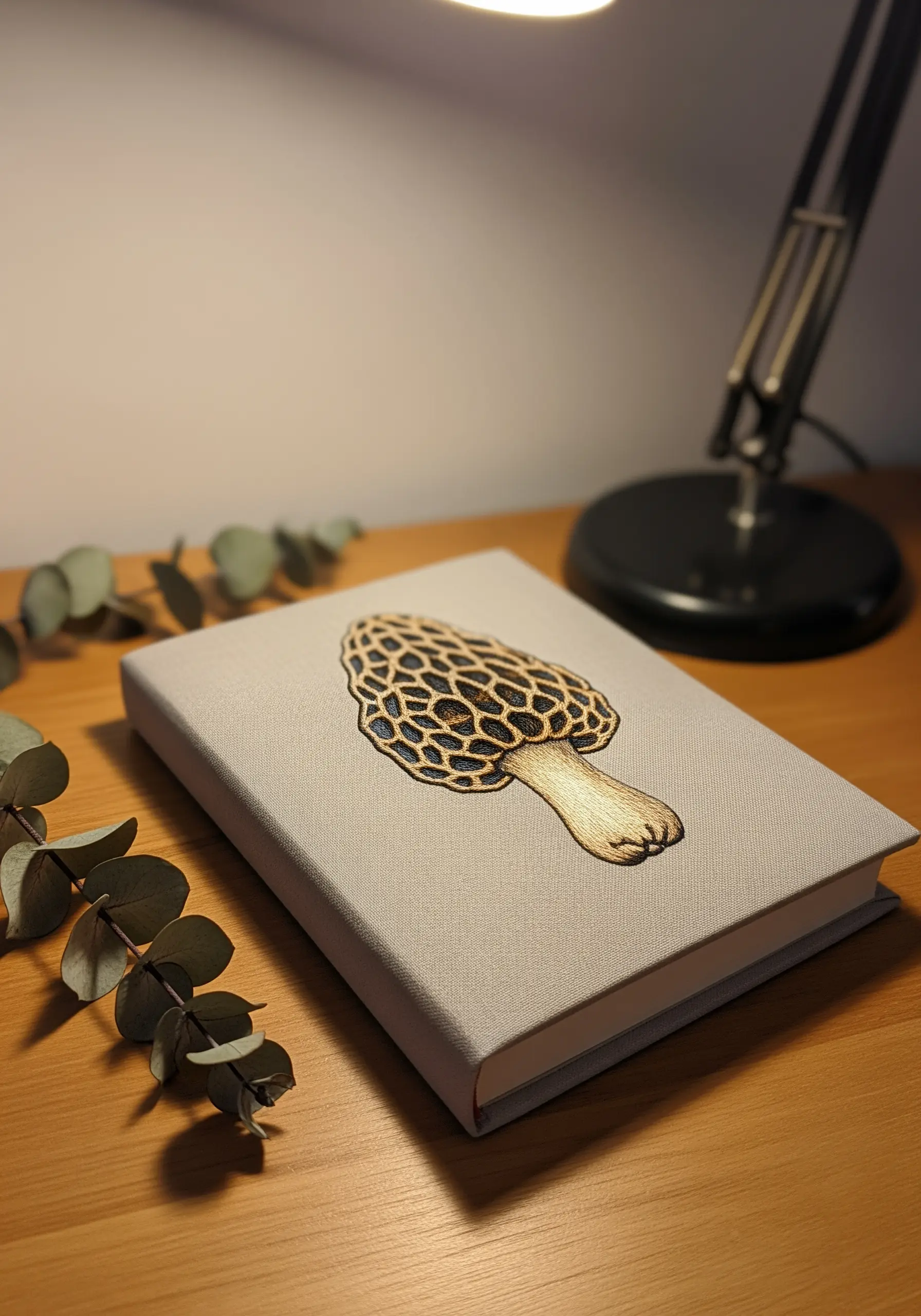 A book cover with a highly detailed, thread-painted morel mushroom.
